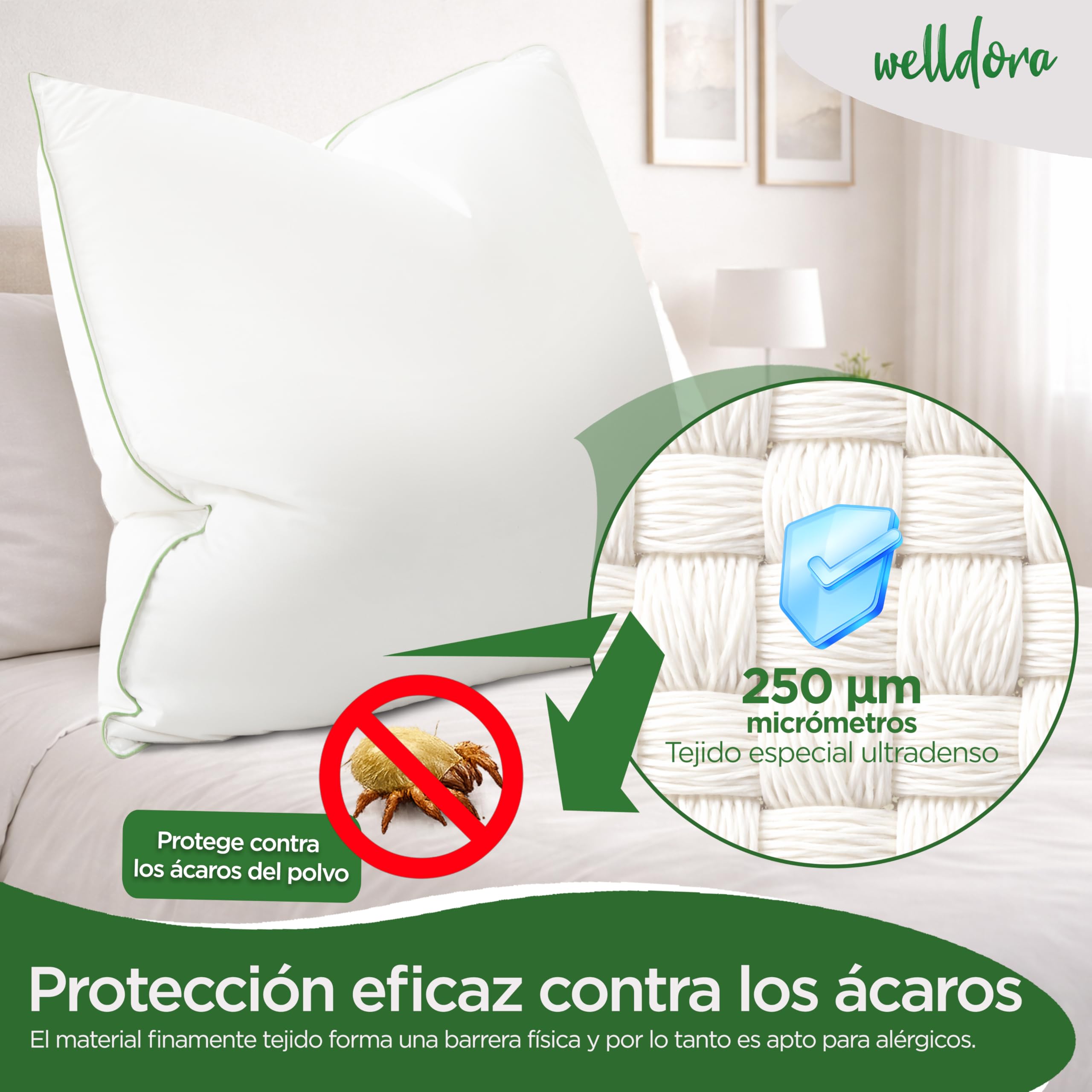 Welldora Almohada Plumas y Plumón Lujo 40x60 | Almohada Cervicales y Cuello Firmeza Media 3 Cámaras | 100% Plumón y Plumas Naturales | Médicamente Probada, Oeko-Tex, Hipoalergénica, Certificado RDS