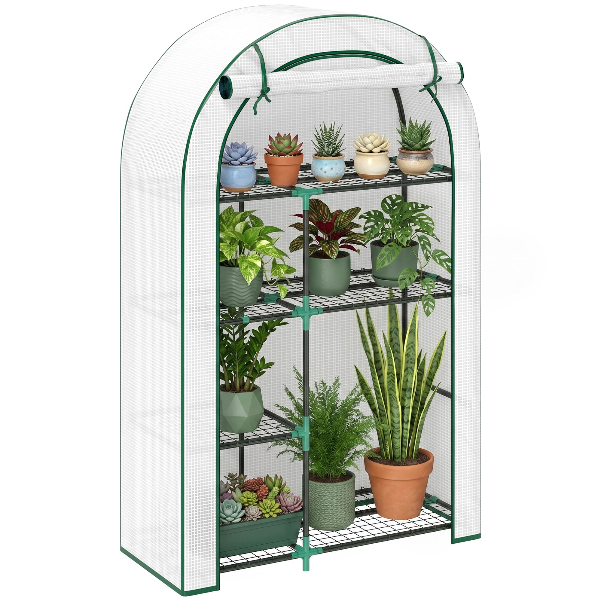 Outsunny Mini invern. Techo Redondo Puerta estantes 100x45x160cm Blanco | Invernadero de acero y film resistente al invierno, para balcón, jardín, tomates, verduras, flores