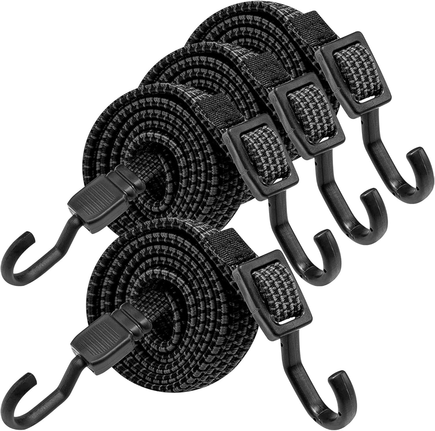 4pcs Adjustable Bungee Cords with Open Wide Hooks – 40in Gray and Black Flat Rope Design – Stretchable to 100cm