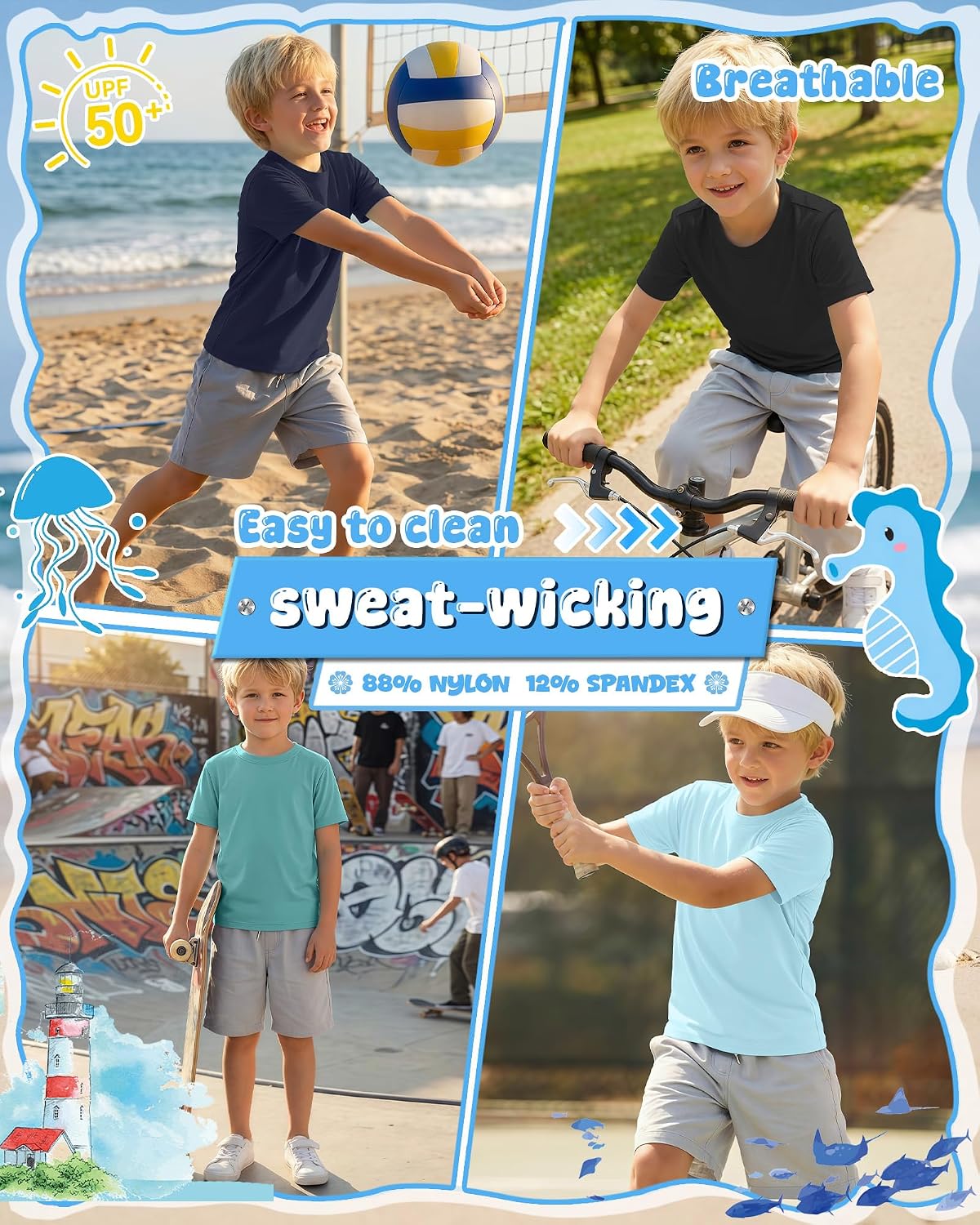 Yooo's Vivi 5 Pack Boys' Rash Guard Shirts 5-14Y UPF 50+ Swim Short Sleeve Sun Protection Tops Quick Dry Water Sport Swimwear