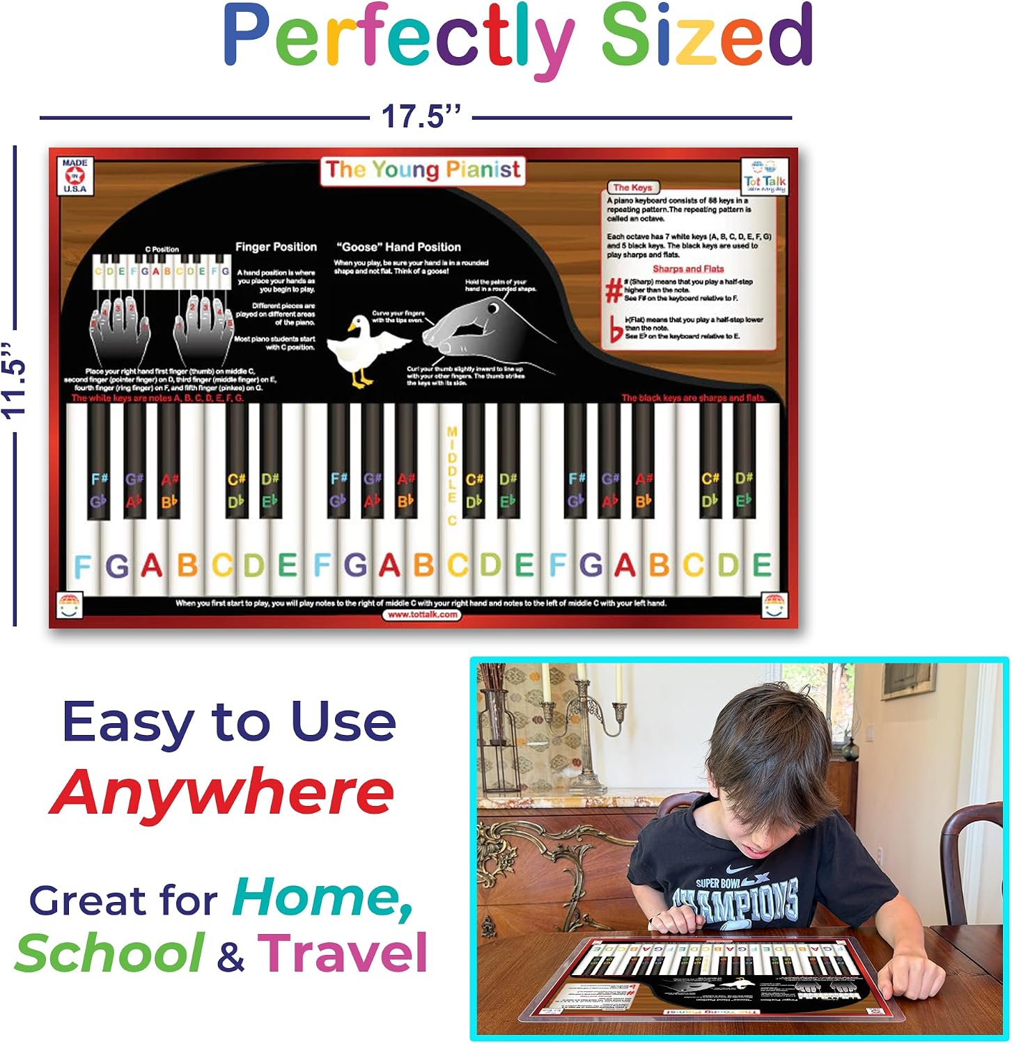 Tot Talk Young Pianist Educational Placemat for Kids – Made in USA – Durable, Double-Sided, Interactive Piano & Music Theory Placemat – Waterproof, Wipeable, 17.5” x 11.5”