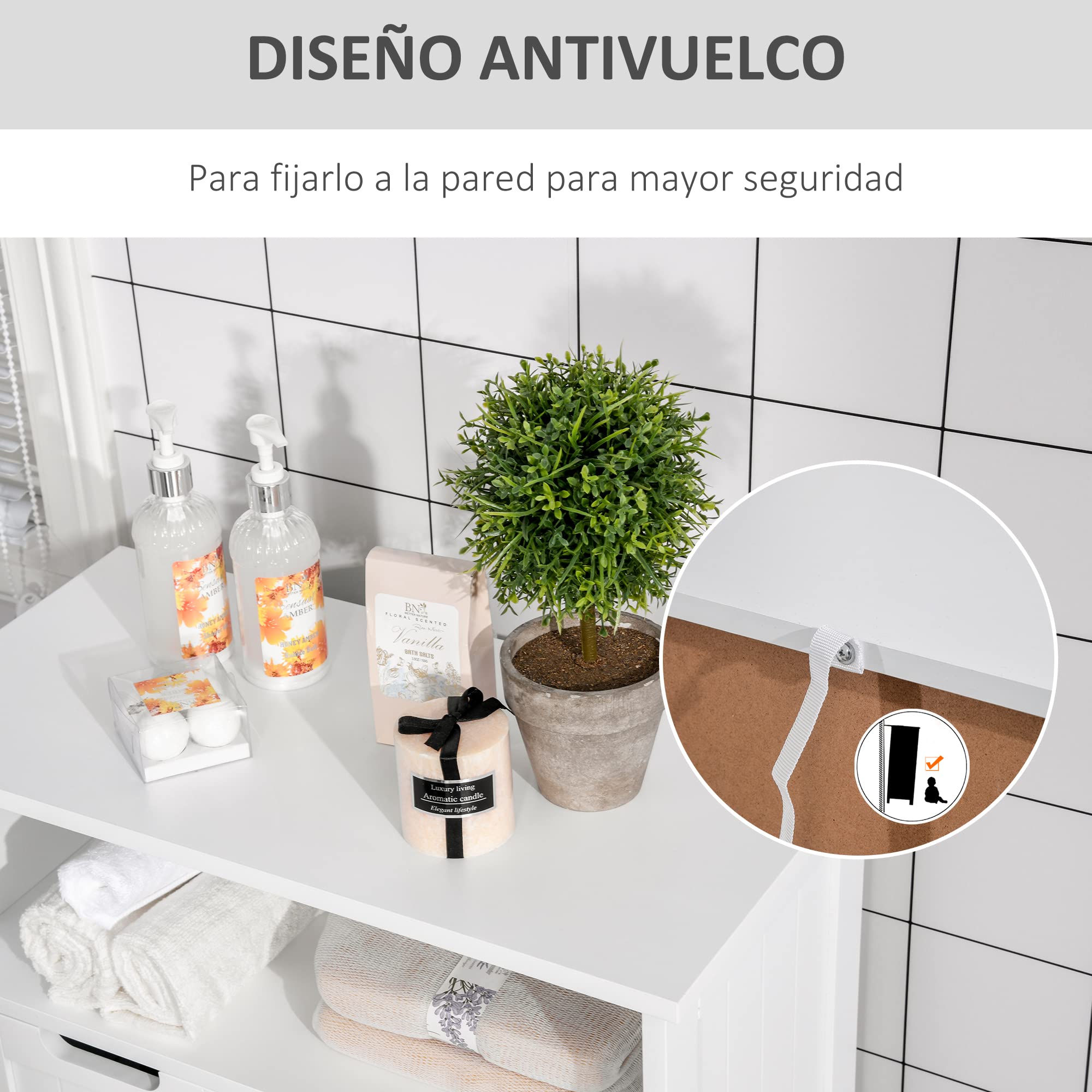 kleankin Armario de Baño, Mueble 2 Puertas 2 Cajones 60x30x108,8 cm Blanco | Estante Ajustable, Compartimento Abierto, Mueble Auxiliar de Almacenaje, para Salón Cocina