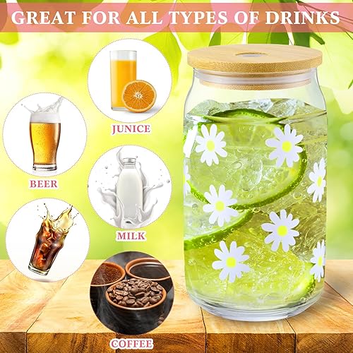 Miniatura 6 de Gerrii 4 vasos de vidrio con tapas de bambú y pajita, vaso de cerveza de 16 onzas, vaso para café helado, vaso con popote de vidrio para regalo de