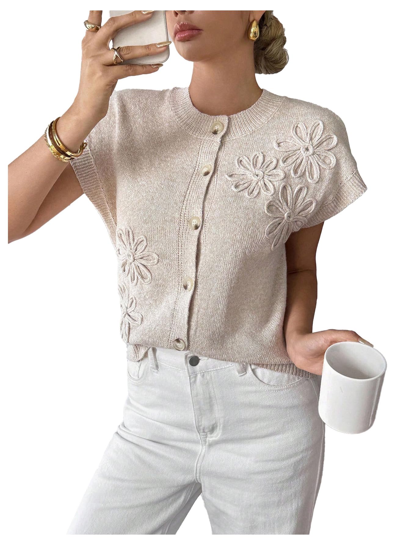 SweatyRocks Womens Ribbed Sweater Floral Button Down Sweater Cardigan Short Sleeve Crew Neck Casual Sweater