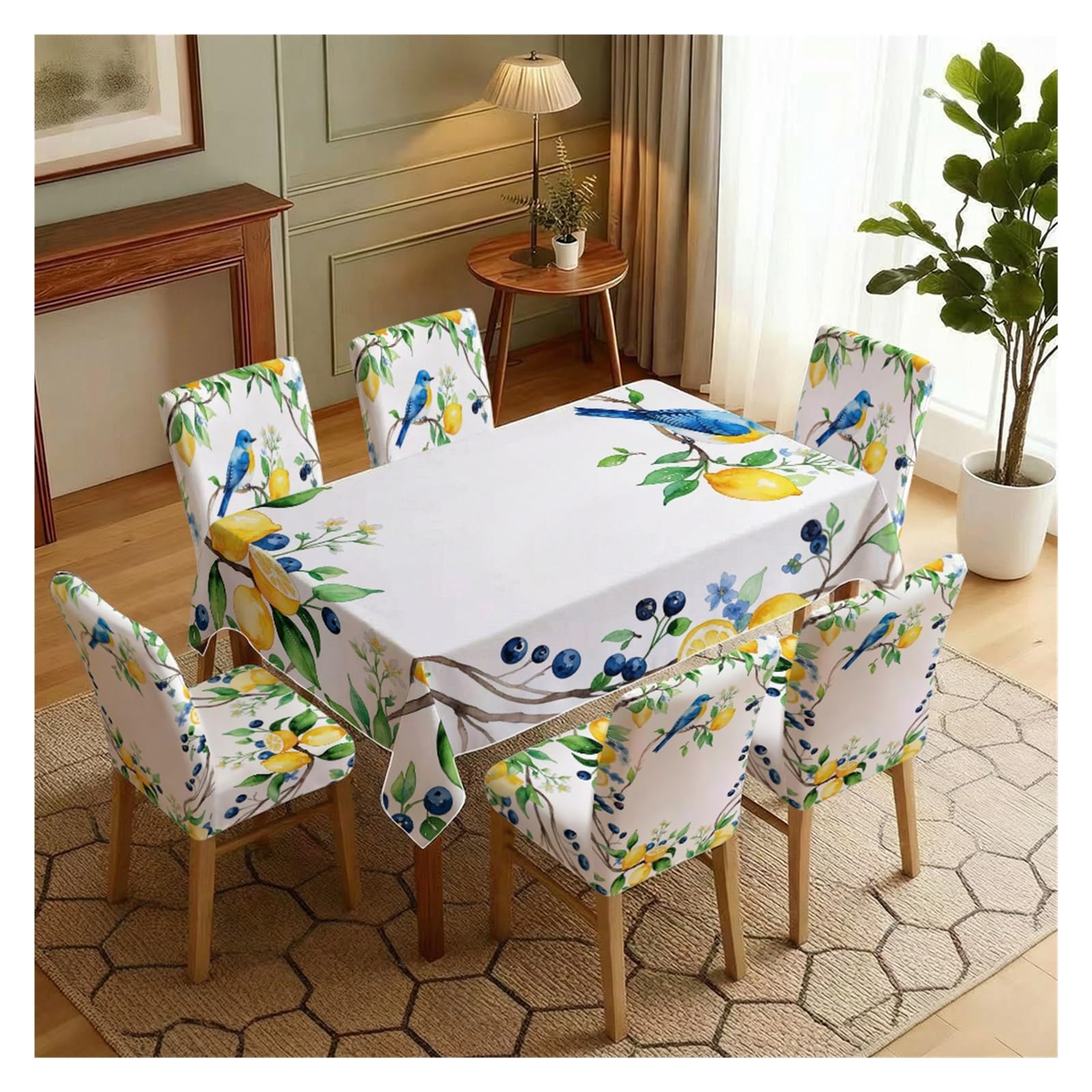 BOSUYBN Watercolor Bluebird Lemon Branch Printed Dining Tablecloth & Chair Covers Set, 5/7 Piece Fresh Citrus Summer Cottage Home Decor Table Setting(7pcs Set: Tablecloth+Chair Covers)