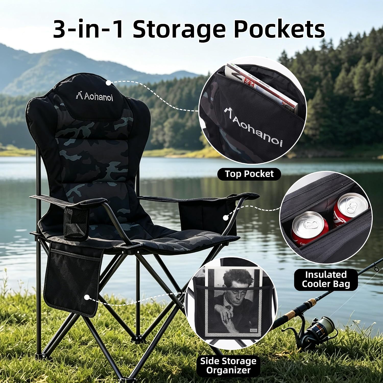 Aohanoi 2 Pack Camping Chairs for Heavy People,Outdoor Folding Camp Chairs for Adults with Cup Holder & Cooler Bag for Outside,Outdoor Lawn Chairs Supports Up to 400lbs