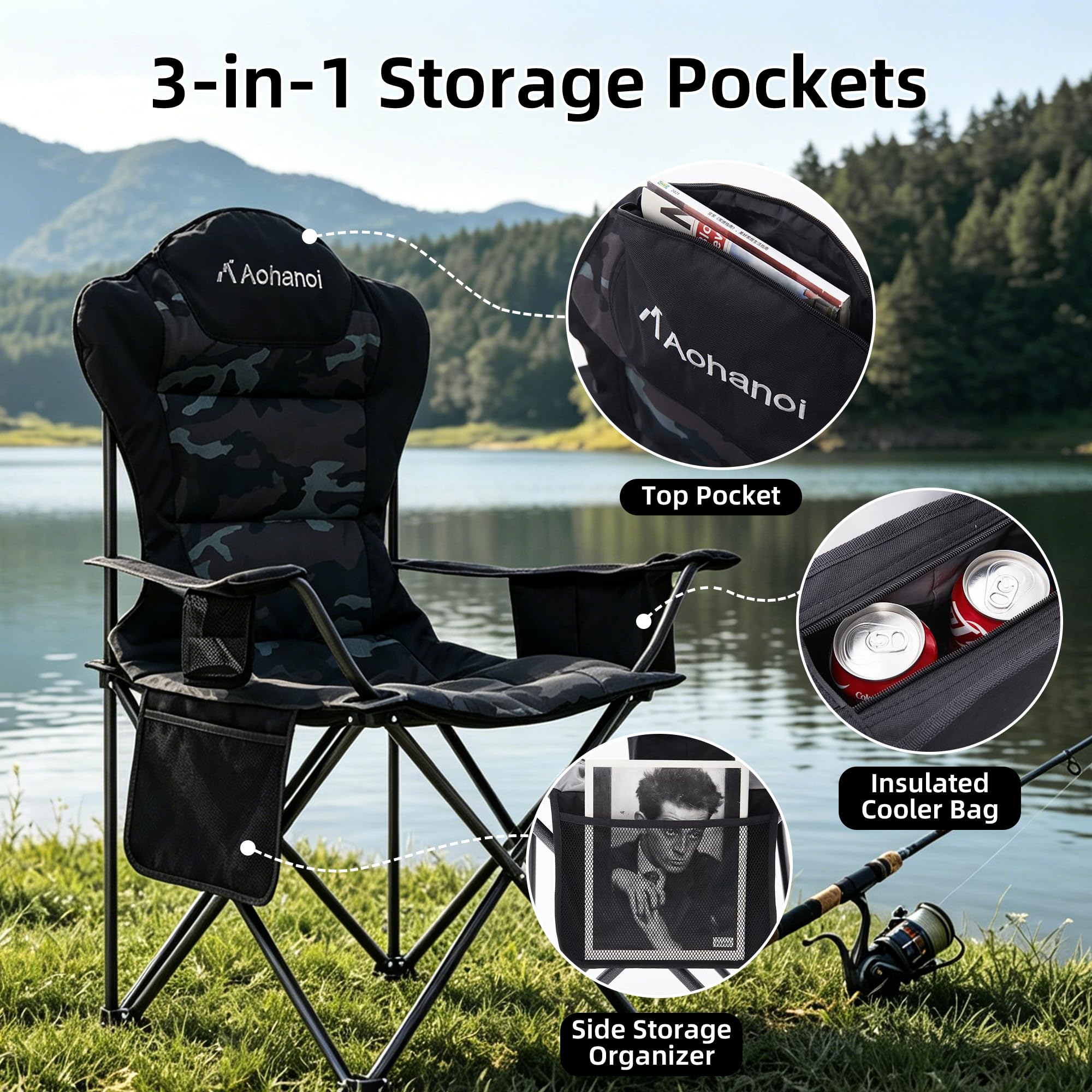 Aohanoi - Sillas de camping para personas pesadas, sillas plegables para exteriores con soporte para tazas y bolsa refrigeradora, sillas de campamento con soporte de hasta 300 libras (1 PC, camuflaje)