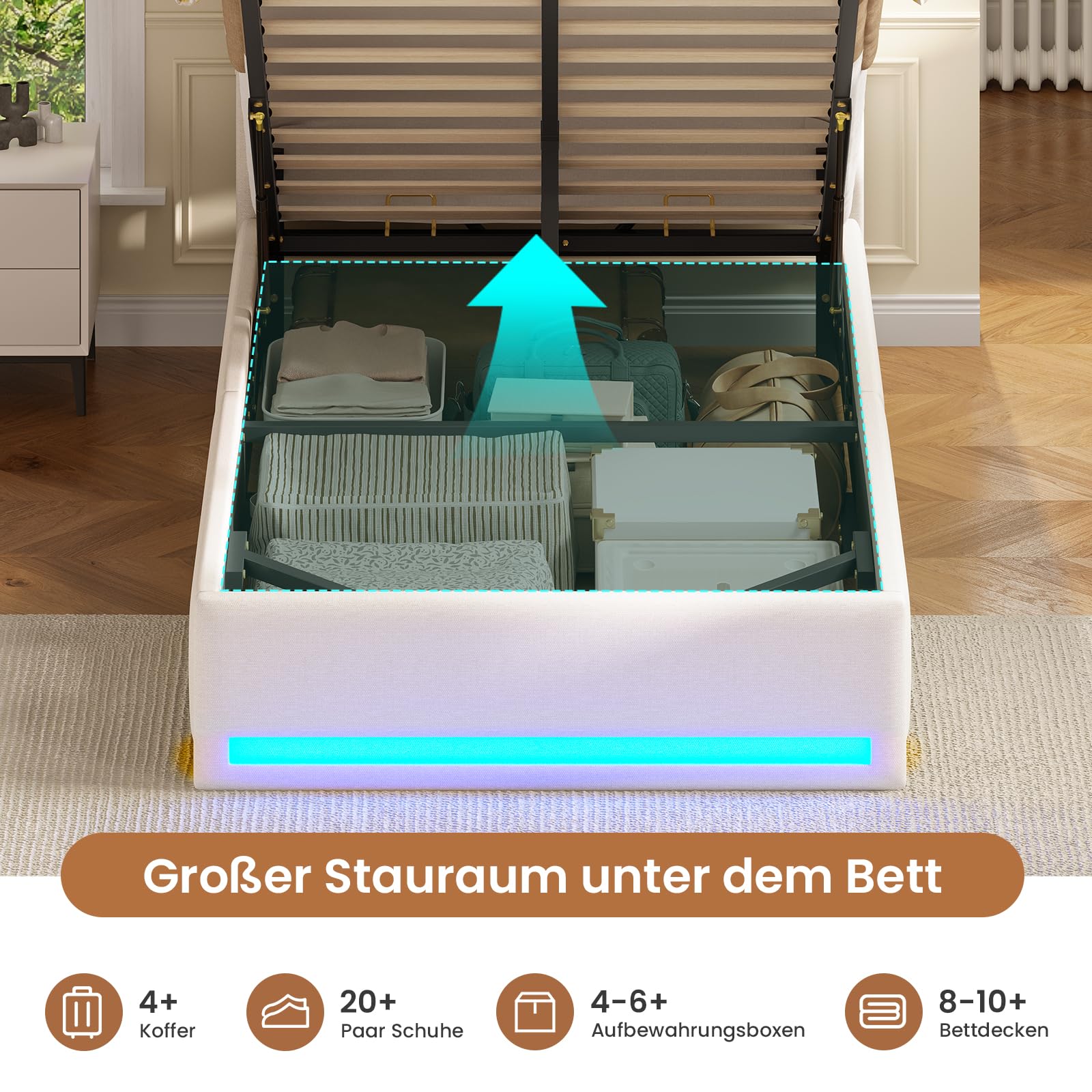 AOGLLATI Camas Individual 90x200 cm con Almacenamiento Hidráulico | Cama Canape 90x200 con LED y Estación de Carga, Somier Estructura Cama con Bolsillos Laterales, Base Cama, Lino Beige