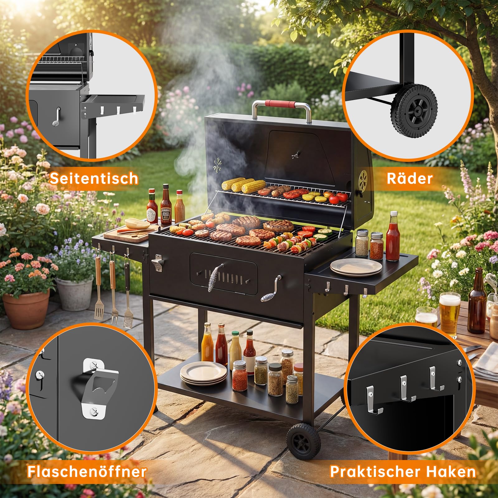 JUMMICO Tragbarer Holzkohlegrill mit Schornstein Schnellaufheizen Klappbaren Seitenbrettern Thermometer Zubehör für Familie Camping Garten BBQ