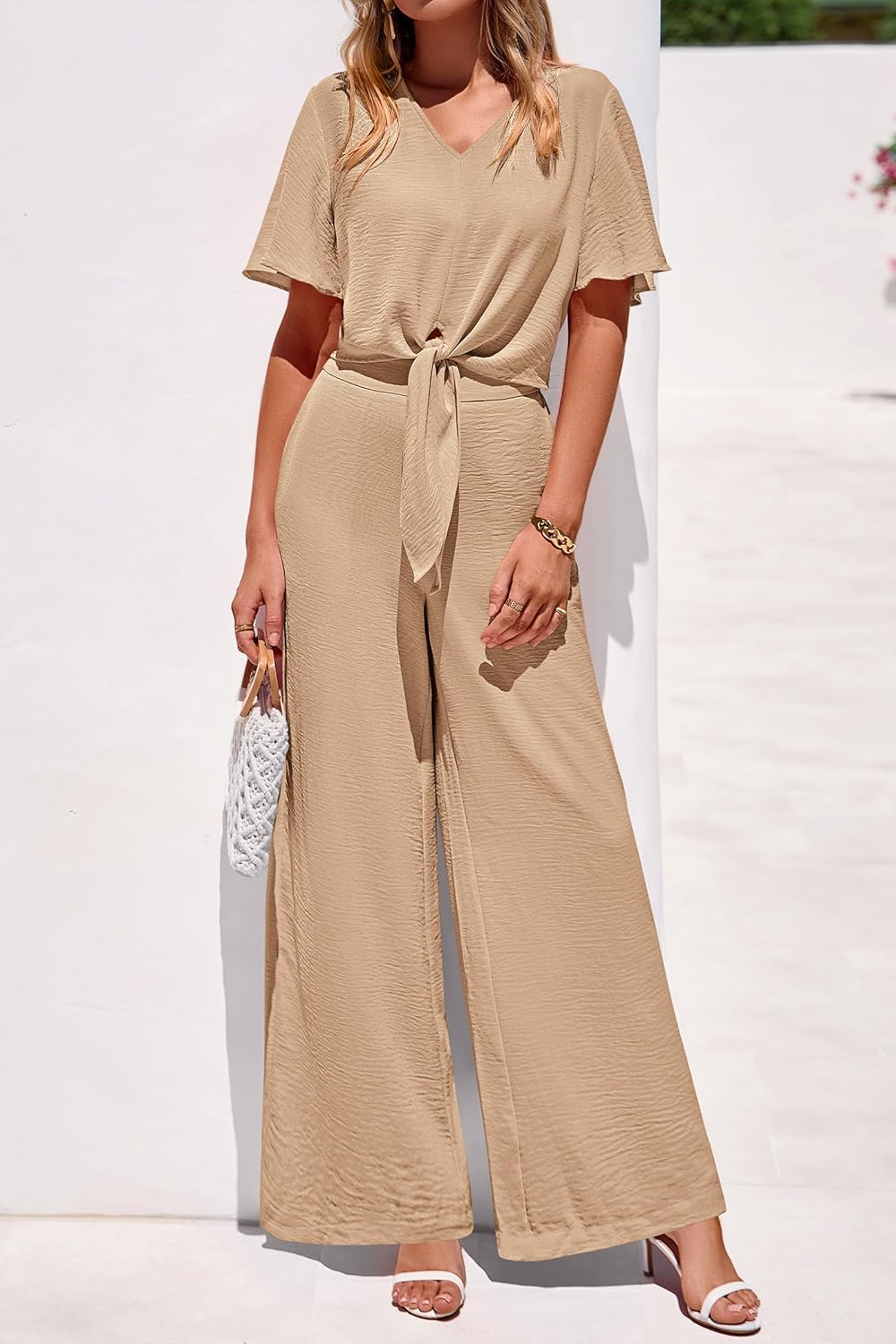 PRETTYGARDEN Women 2 Piece Summer Outfits Short Sleeve Strappy Top Wide Leg Pants Tracksuit Lounge Sets Beach Clothes - Image 3