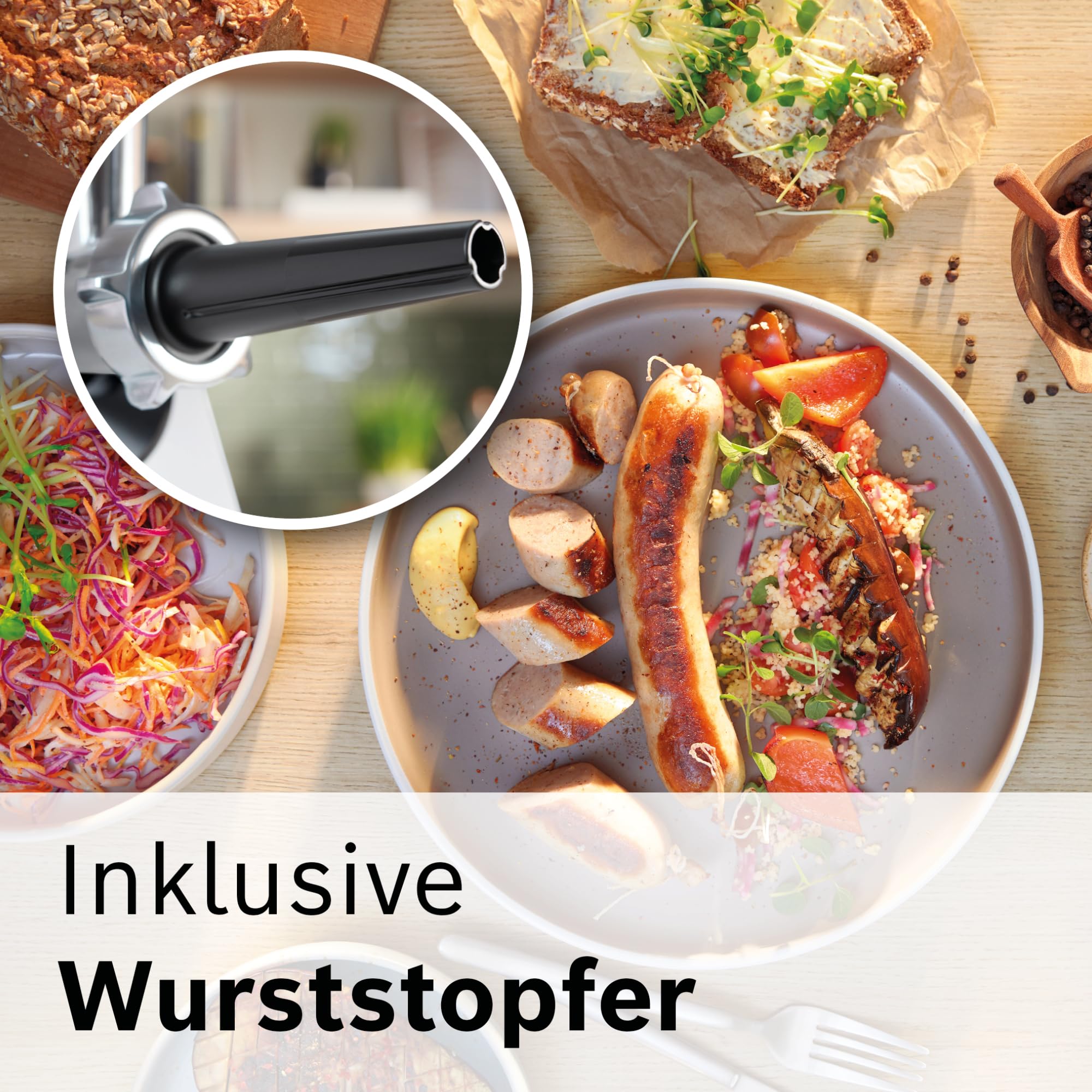 Bosch Fleischwolf Serie 4, 2 Lochscheiben (3 / 8mm) Edelstahl, spülmaschinenfest, elektrisch, stark, kompakt, 2 Stufen, Wurststopfer, 1.900 W, weiß/schwarz, MultiPower MFWS420W
