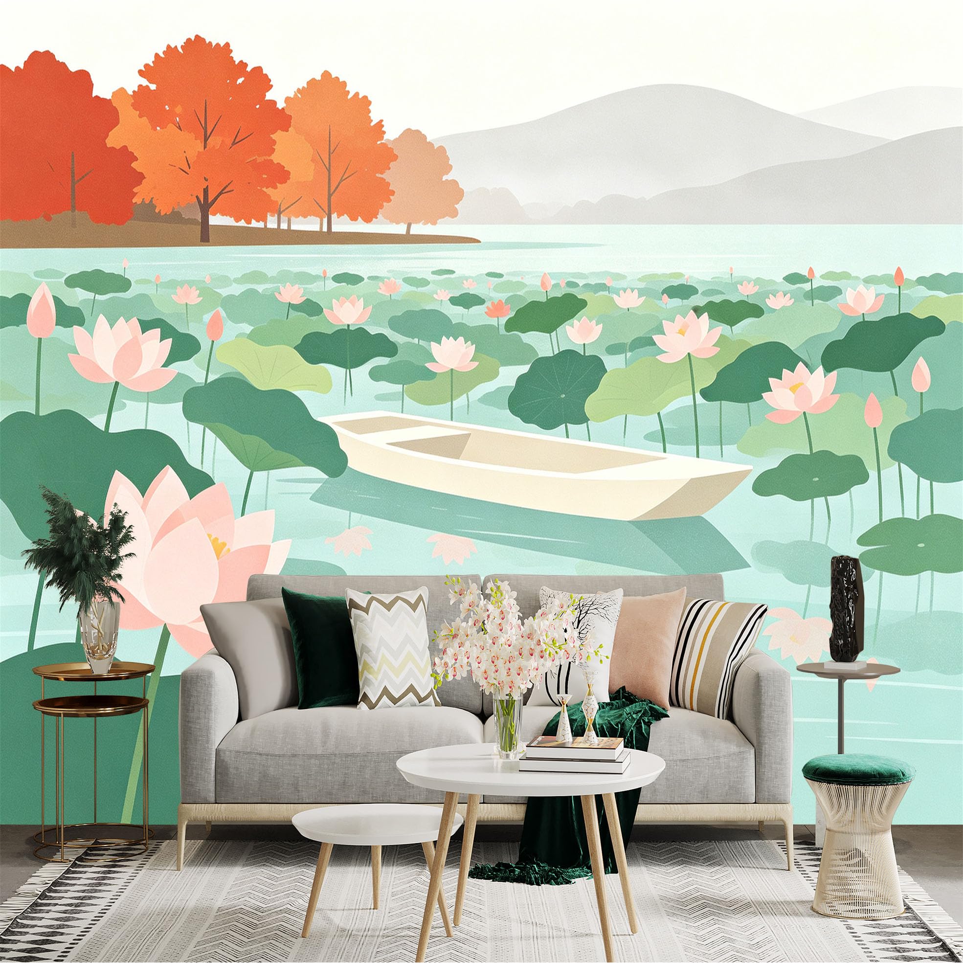 Custom Size Wall Sticker Mural， Serene Lotus Pond with Autumn Foliage， Peaceful Boat and Swimming Ducks， for wall Decoration， peelandstick wall Decals.