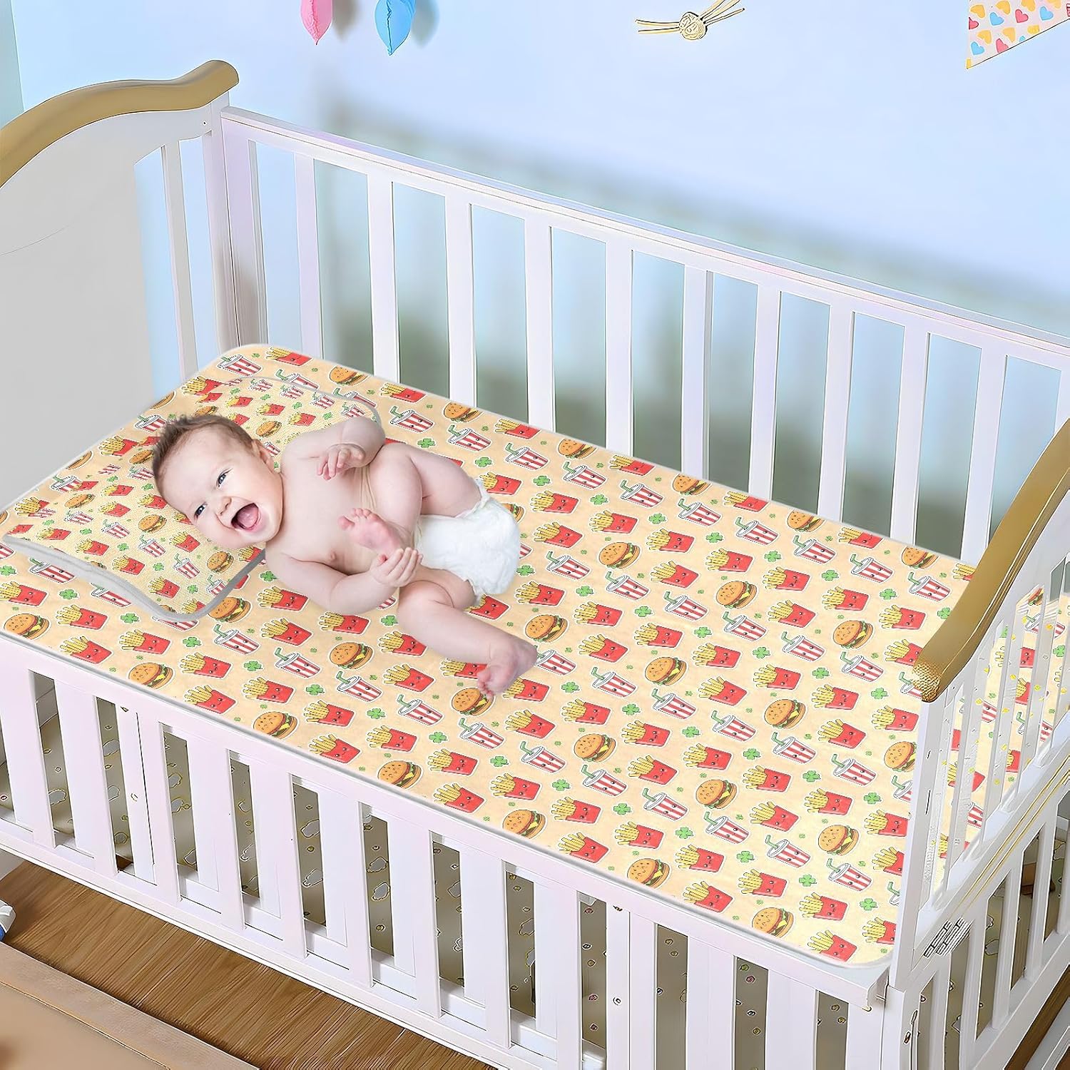 Baby Cooling Mat Cartoon Fast Food Ice Silk Breathable Mesh Summer Crib Mattress Pad with Pillowcase, Soft Cooling Sleeping Surface for Infant & Toddler, 52"x28"
