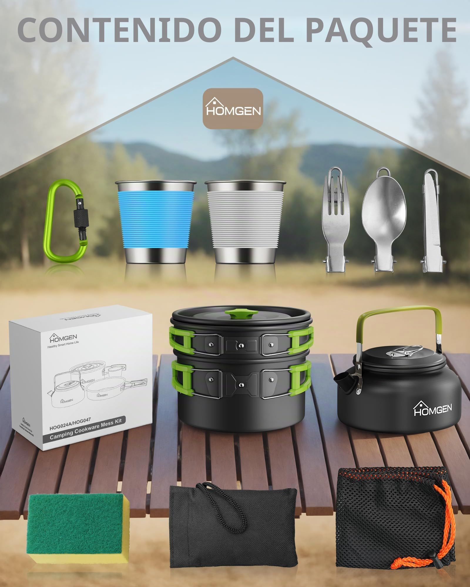 HOMGEN Kit de Cocina Camping 1-2 Personas Menaje Camping con Tetera Verde | Batería de Cocina Camping con Olla Sartén Tetera Tazas Aisladas Cubiertos Mangos Plegables para Senderismo Trekking Picnic