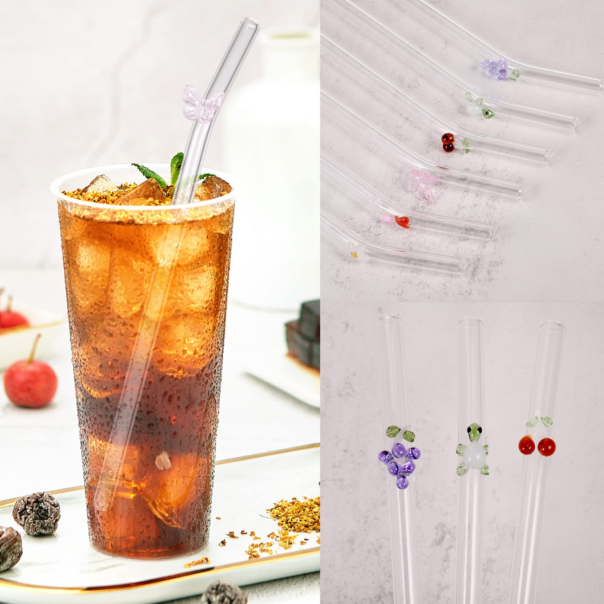 6 Pailles En Verre Borosilicate Réutilisables - Forme Courbée, Longueur 20 Cm - Avec 2 Brosses De Nettoyage - Sans BPA, Lavables Au Lave-vaisselle - 11