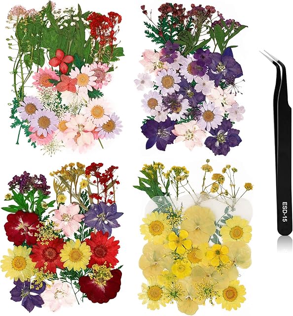 EEEKit 132 Pieces Real Dried Pressed Flowers Leaves, Colorful Dry Flowers Set Chrysanthemum Daisy Flowers with Tweezers for Scrapbooking DIY Candle Decoration Resin Nail Pendant Jewelry Crafts Making
