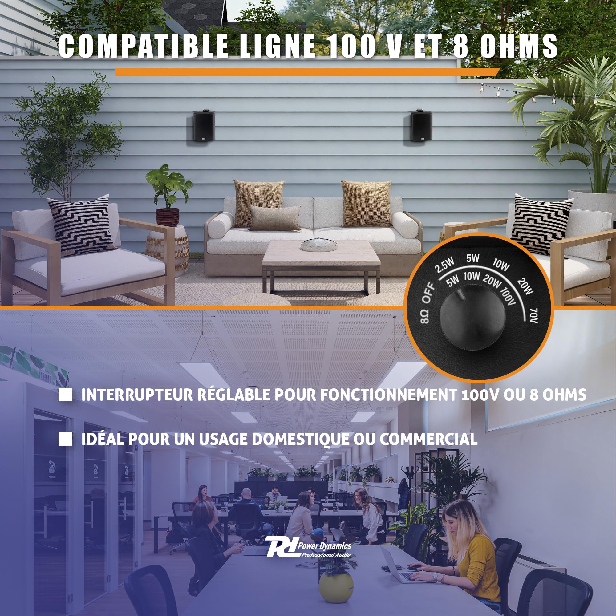 Power Dynamics BC40V - 2 Haut-Parleurs Noirs - 100 Watts, 30W RMS, Étanches, Intérieur Extérieur, Kit de Montage Fourni, 100 Volts, 8 Ohms, Public Address, Musique d'Ambiance, Sonorisation