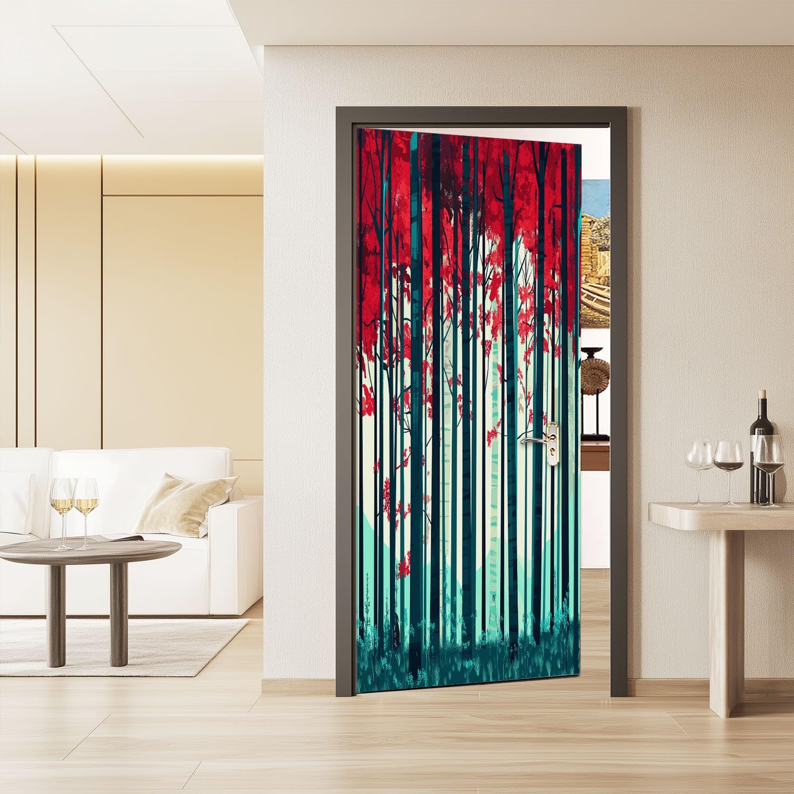 Tapeta na drzwi, samoprzylepna, abstrakcyjne drzewa leśne, plakat na drzwi, zielona, naklejka na drzwi, wodoszczelna, zdejmowana fototapeta, obraz ścienny, do salonu, sypialni, łazienki, 95 x 215 cm