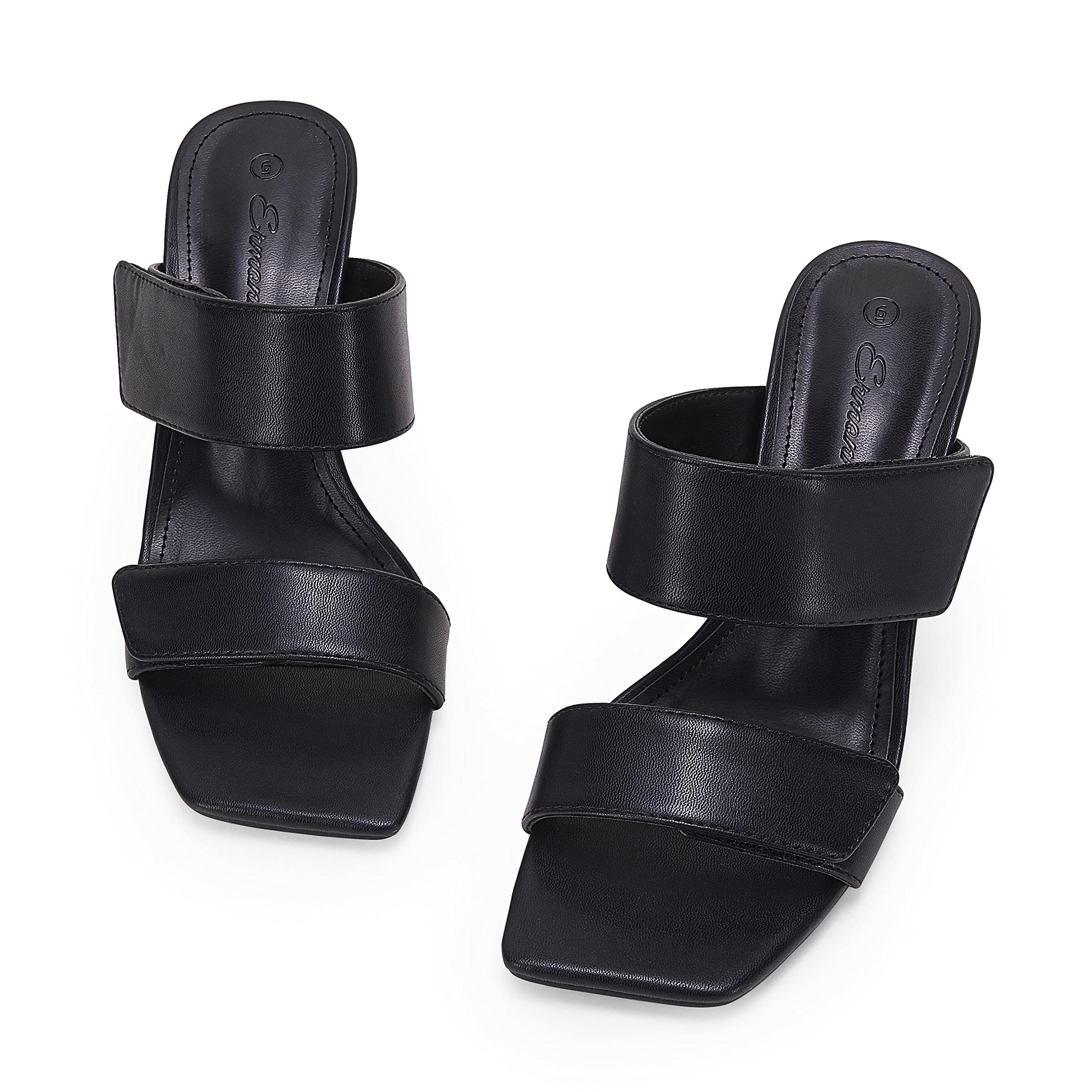 Ermonn Womens Two Strap Heeled Sandals Slip On Square Open Toe Stiletto Faux Leather Backless Mule Heels Slippers