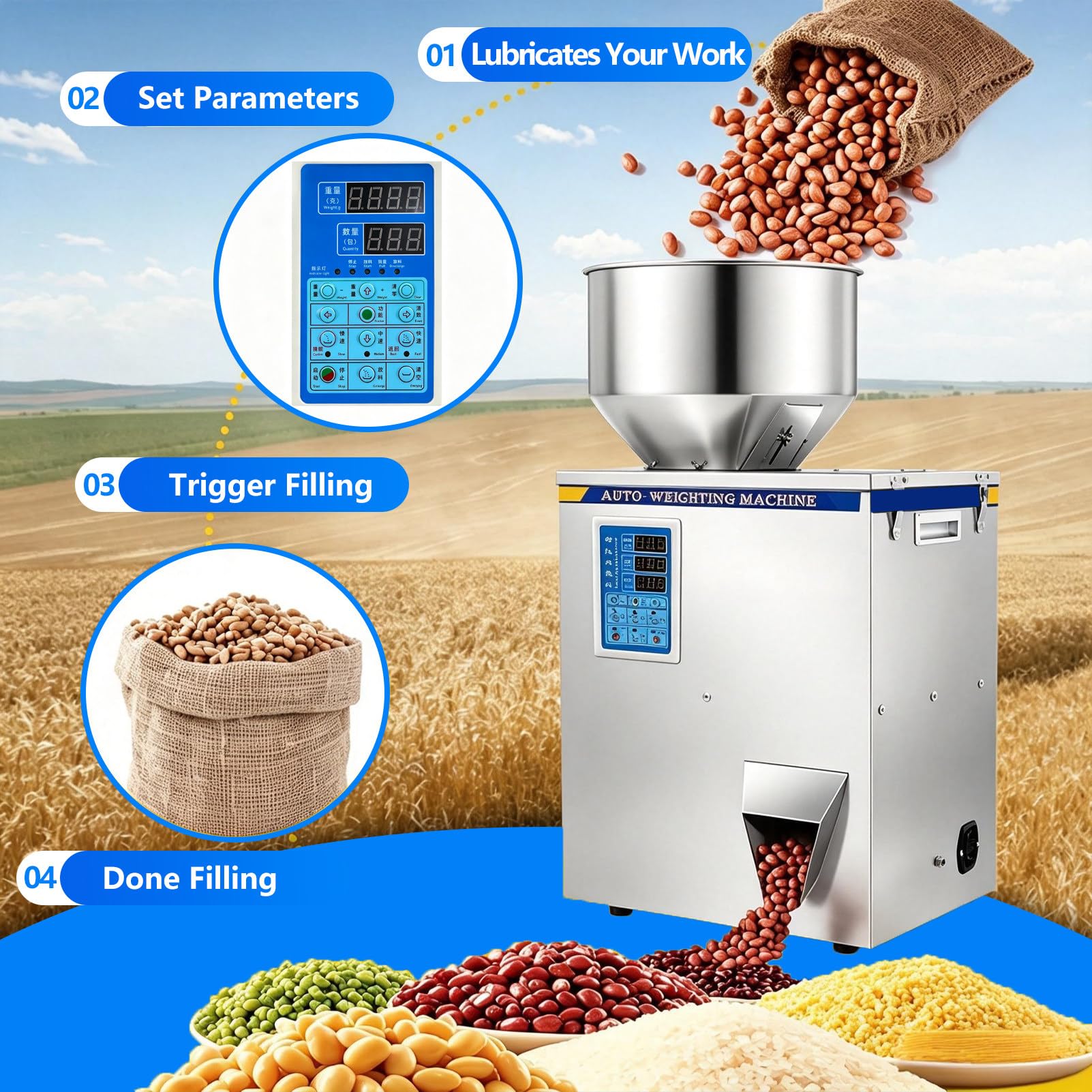 Automatischer Pulverdosierer, Automatische Abfüllanlage für Pulver in Beutel und Flaschen, mit Einer Genauigkeit von ±0,2 g, für die Verpackung von Mehl und Bohnen. 100g