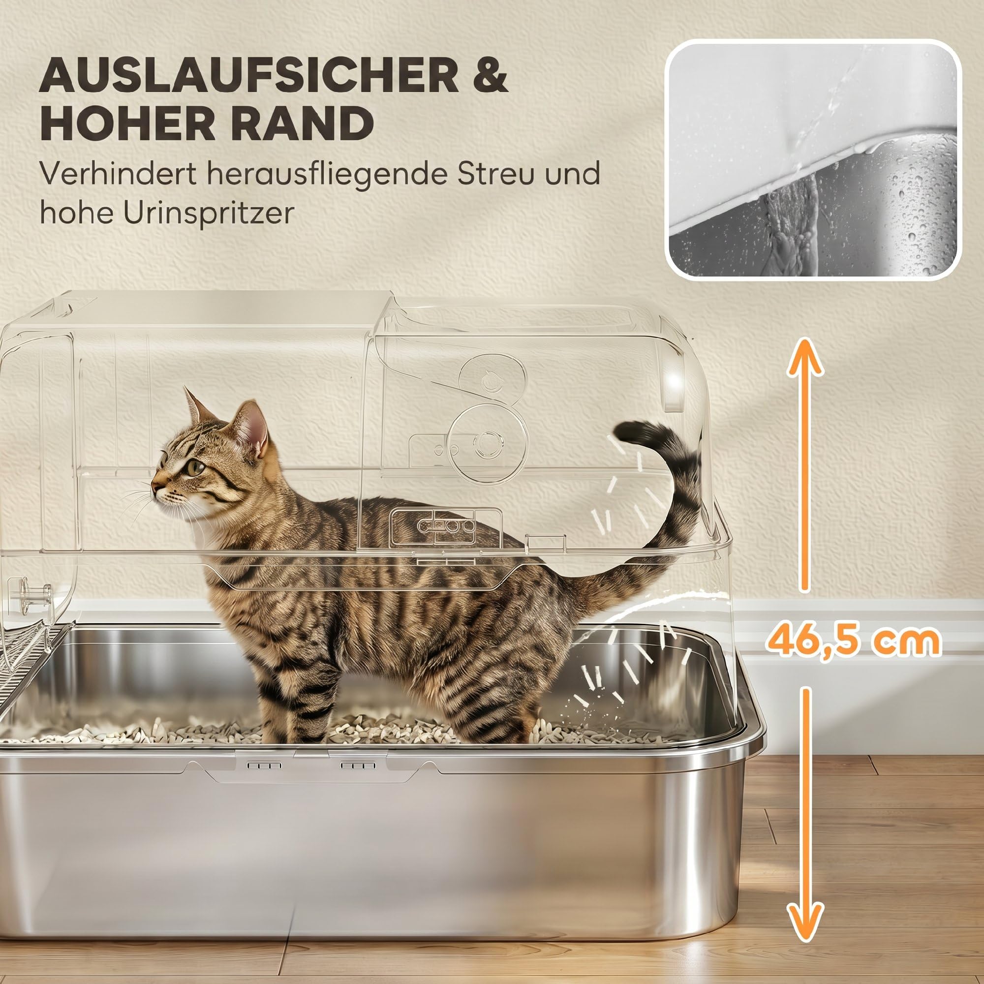 PawHut Katzenklo XXL Edelstahl mit Deckel 52L für große Katzen Weiß | Katzentoilette für Mehrere Katzen, mit Doppeltüren, Schaufel, Hoher Ränder, Leicht zu Reinigen, Anti-Leck, Geruchsresistent