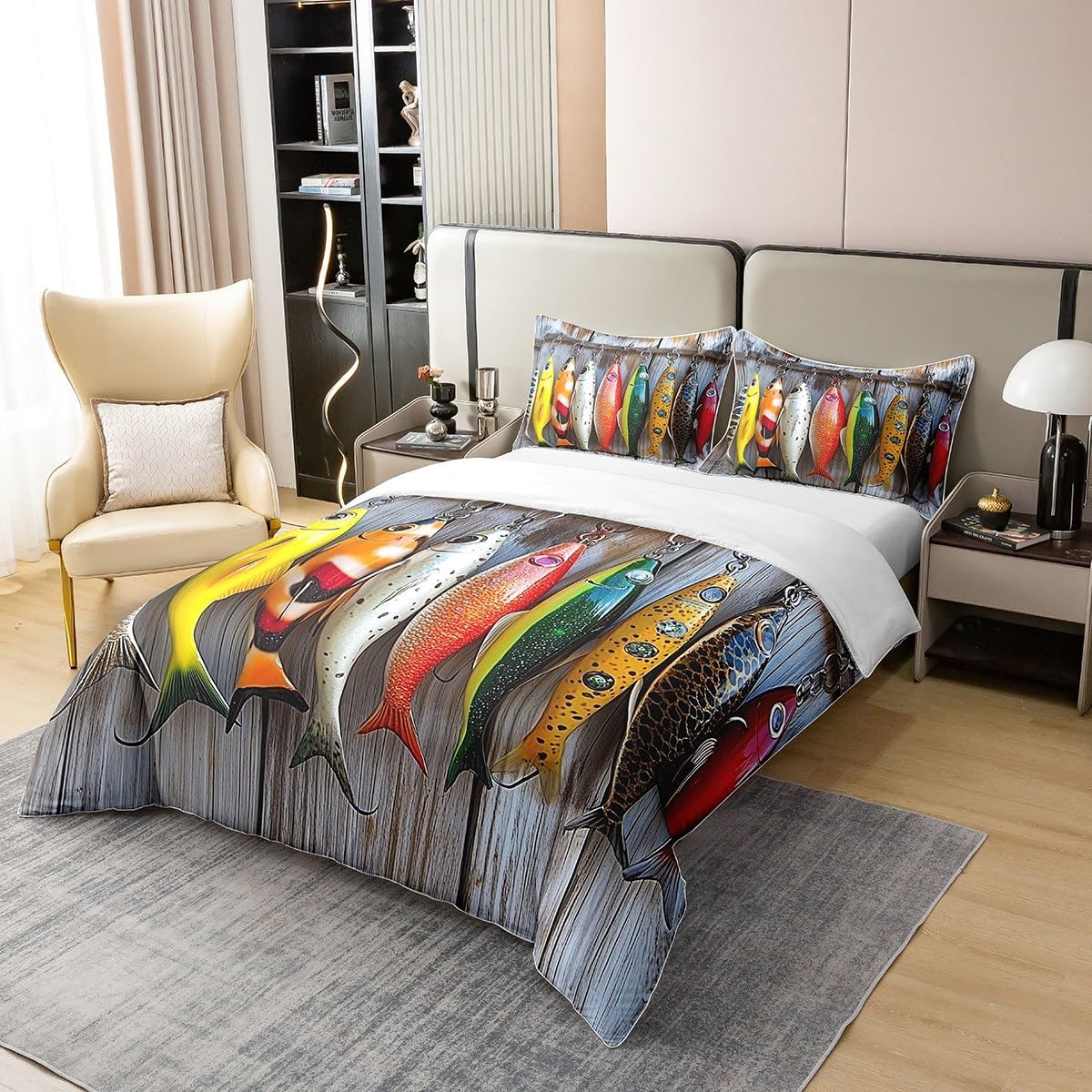 Lure Fishing 100% Organic Cotton Bedding Set Twin Size Fish Outdoor Sports Duvet Cover Rustic Wooden Board Comforter Cover Fisherman Gift Bedspread Cover with 1 Pillowcase(No Comforter)