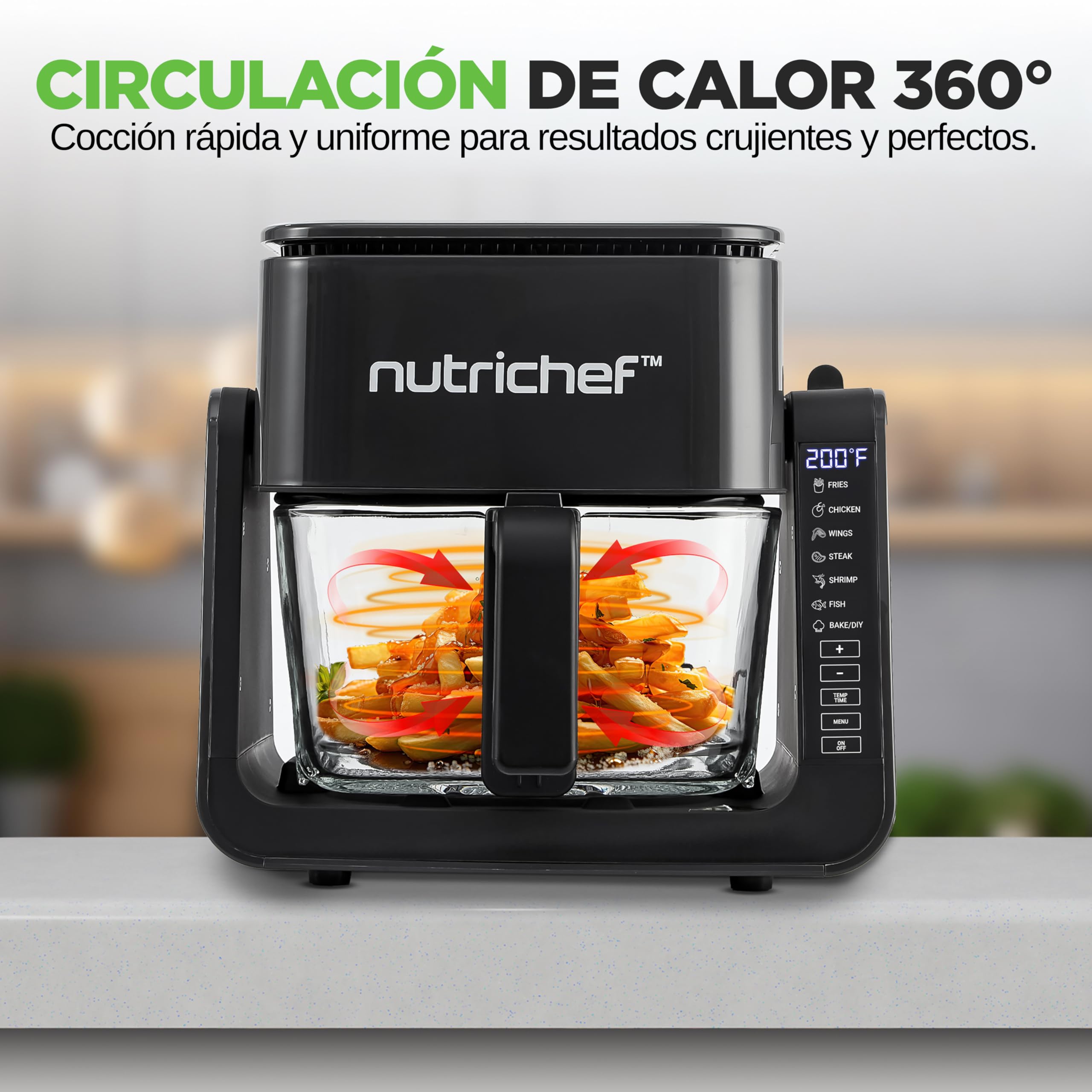 Nutrichef freidora de aire de 3.8L y grill de 1L, 7 modos de coccion preestablecidos, Tazon transparente