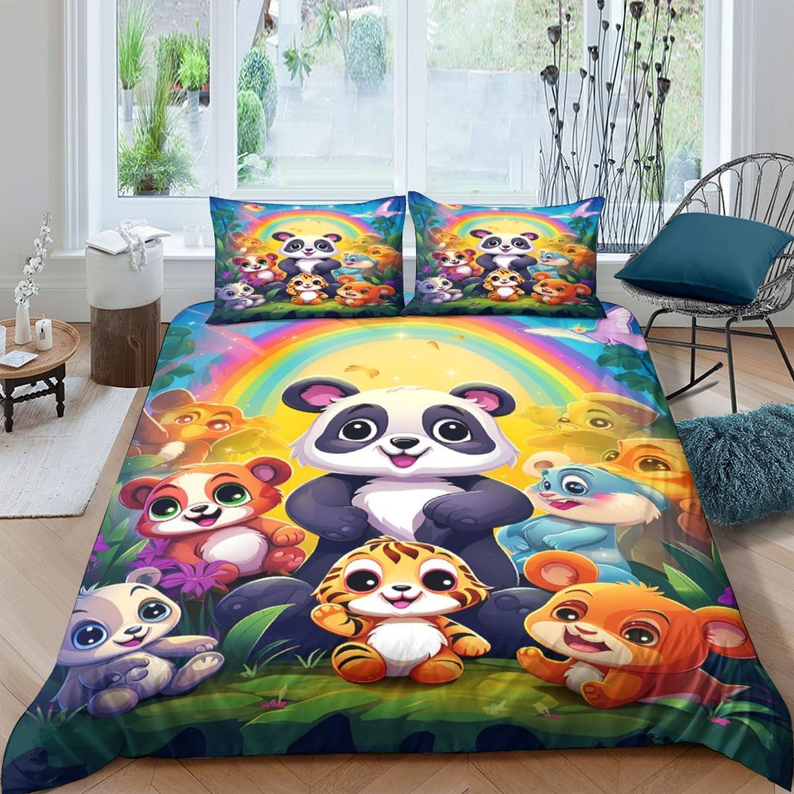 Ctjqhvkz Style-9 3D Printed Rainbow Panda Fitted Sheet Microfiber Colorful Animal Bed Cover For Bedroom Dorm Mattress Decor Single（135X200cm）