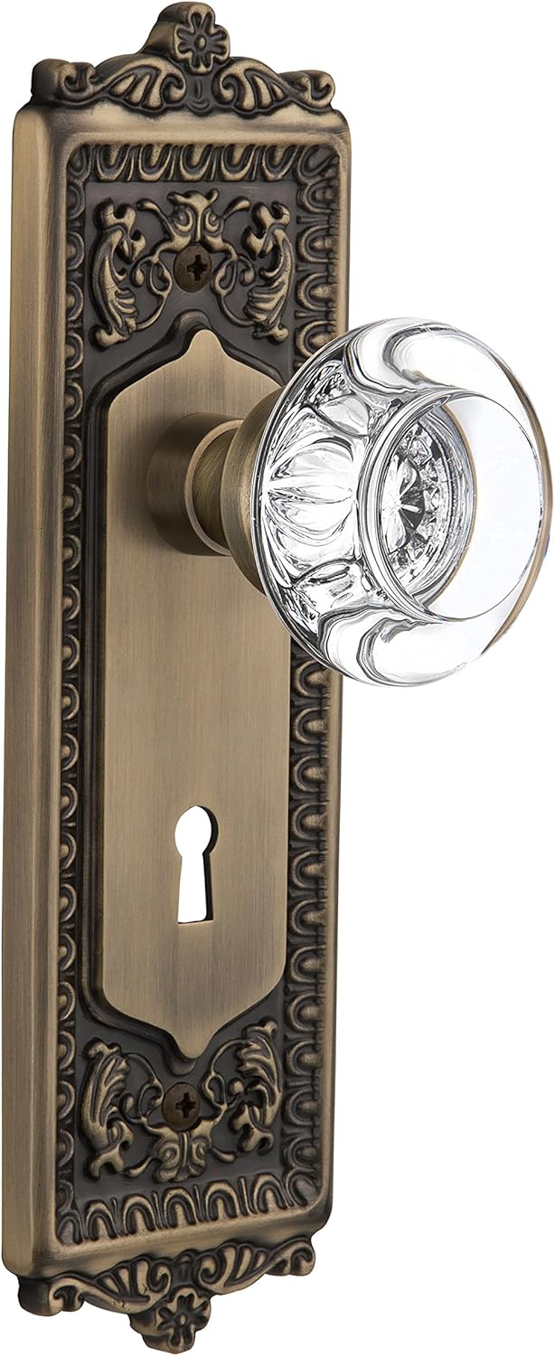 Antique Brass Egg & Dart Plate with Clear Crystal Glass Door Knob