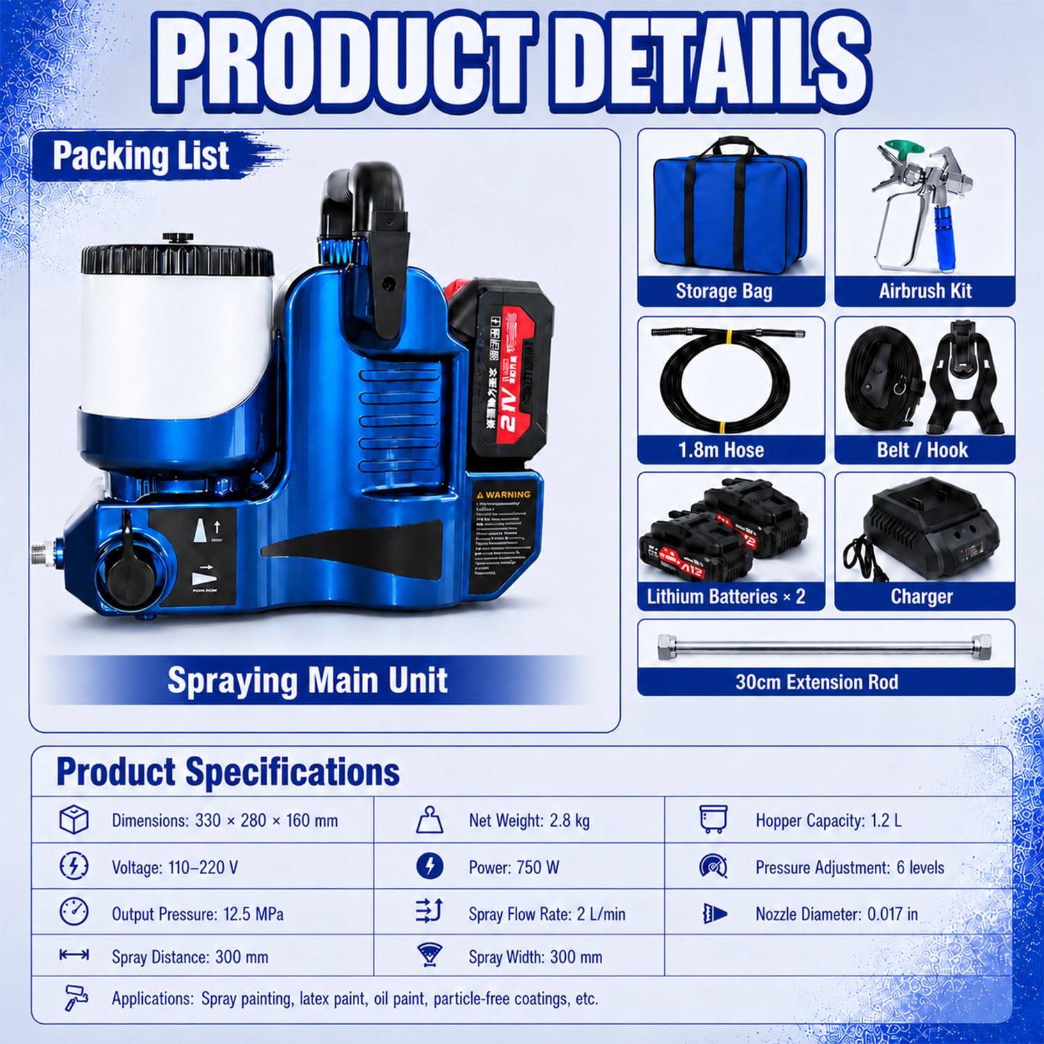 Pistola De Pintura Electrica,Maquina De Pintura Airless,Pistola De Pintar | Capacidad De 1.2 L, Barra De Extensión De 30 Cm, Presión De 12.5 Mpa, Presión Ajustable En 6 Niveles, Caudal De 2 L/Min