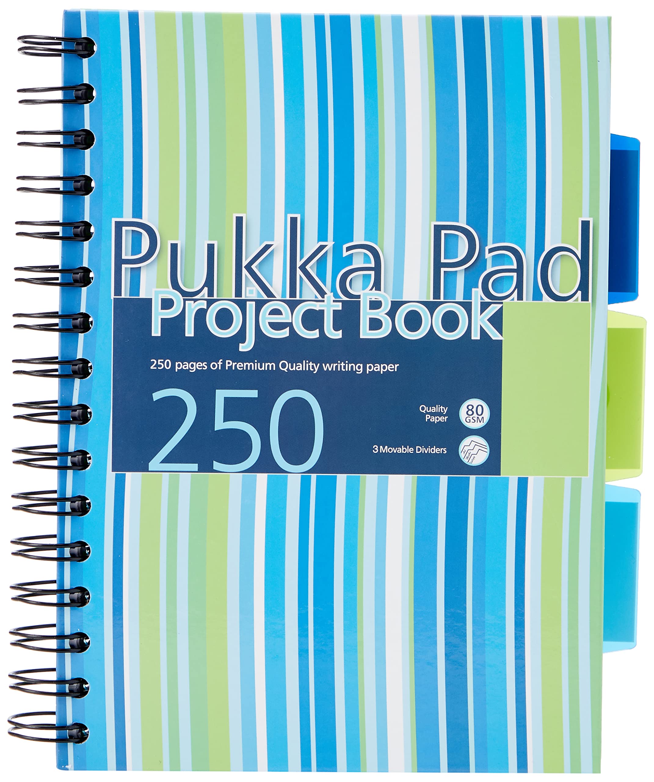 Pukka Pad - Cuaderno de espiral doble de tapa dura (3 unidades, A5, 250 hojas microperforadas, 80 g/m², raya de 8 mm, incluye separadores), diseño de rayas, color rosa y azul, azul y verde (surtido)