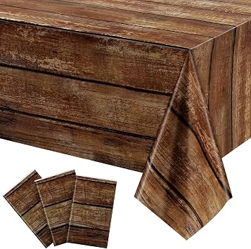 Irenare 3 Pcs Brown Wood Grain Tablecloths Rustic Plastic Table Covers for Rectangle Table, Vintage Farmhouse Tablecloth Decorations for Western Barn Birthday Wedding 54 x 108 Inches