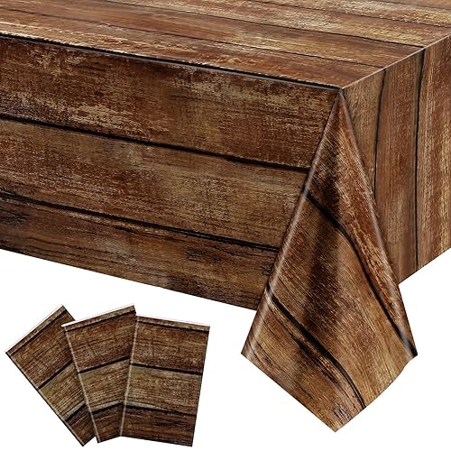 Irenare 3 Pcs Brown Wood Grain Tablecloths Rustic Plastic Table