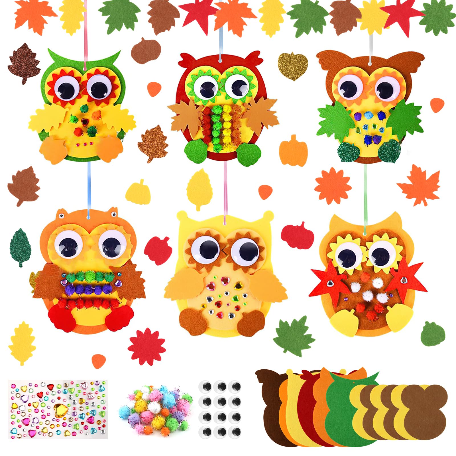 Deepton Eule Herbst Bastelset Kinder, Bastelsets für Kinder Eulen Deko, 6 Stück Filz Herbst Bastelset Set für kinder 3 4 6 jahre, Diy Owl Kreativset Filz Deko mit Ahornblatt für Thanksgiving