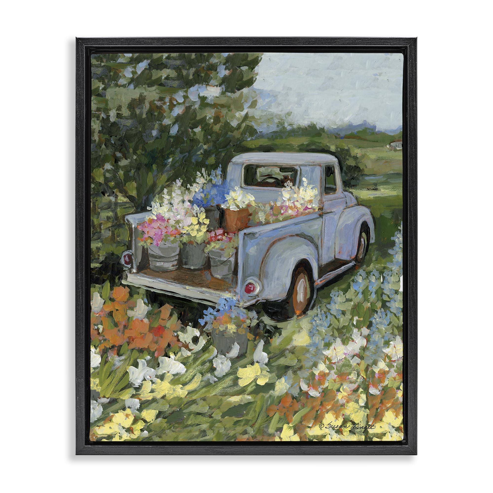 Stupell Industries Jet Black (Matte) 'Truckin' Field With Flowers'| Floating Frame Canvas Art