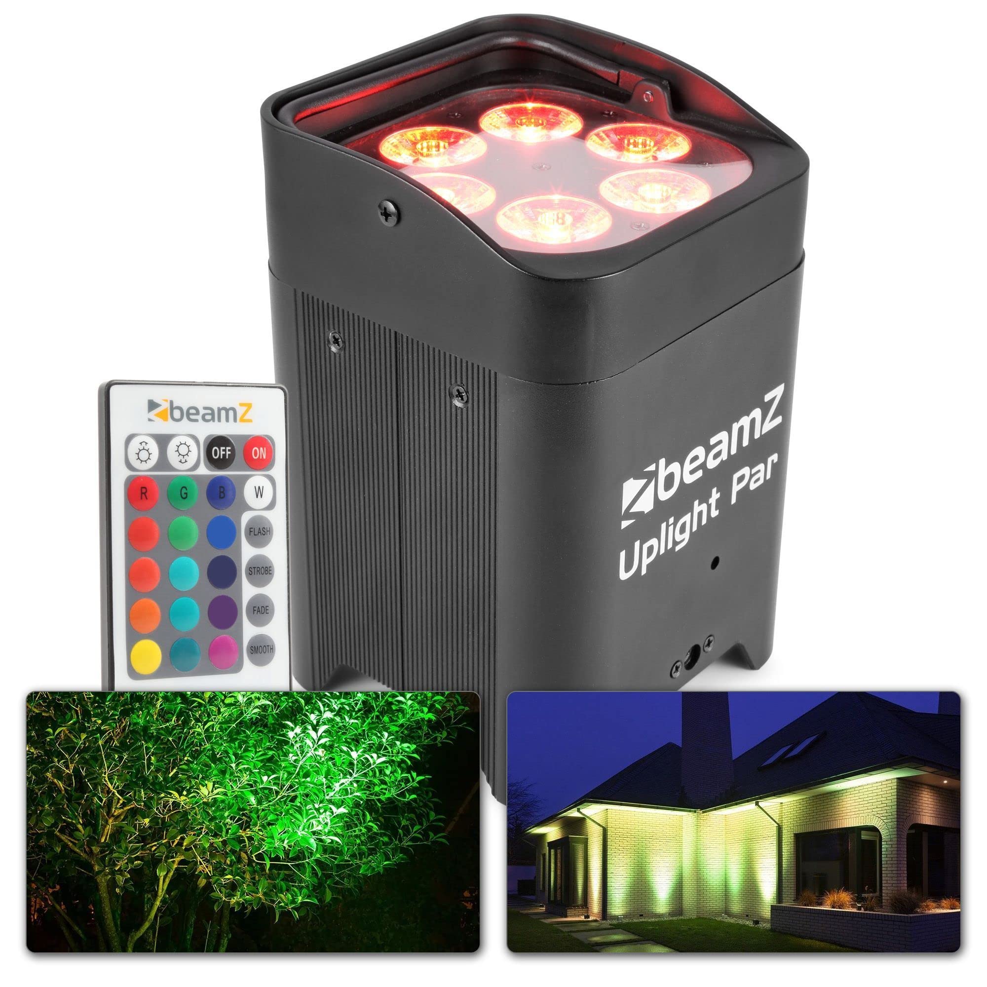 BeamZ BBP96 Uplight 4er Set Akku LED Strahler RGB AW-UV LED Par Spot. 6x12 Watt, Built-In WDMX-Receiver, 16h Akkubetrieb, 6,10 DMX Channels, 0-100% Dimmer, 7000LX, Eazy Link, LCD Display, Schwarz