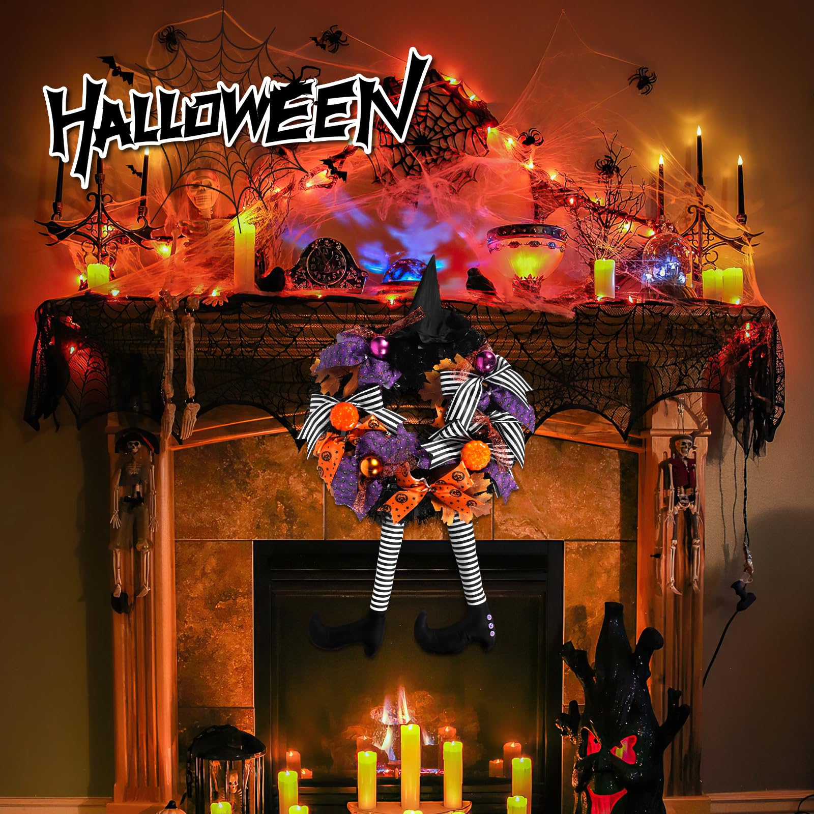 Halloweenowy Wieniec na Drzwi z Nogą Czarownicy, Strasznym Kapeluszem Wiedźmy i Dynią - Dekoracja na Halloween, Podwórko, Werandę, Okna