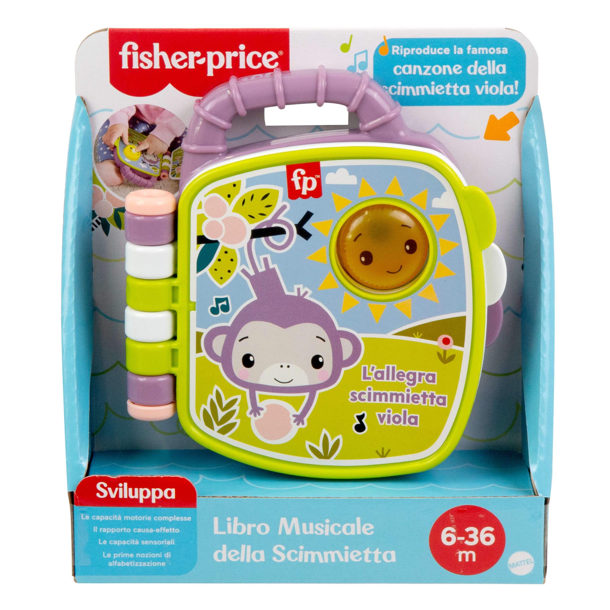 Fisher-Price - Il Libro delle canzoncine della Scimmietta Viola, libro musicale con luci e suoni per l'apprendimento, versione italiana, giocattolo per bambini, 6+ mesi, JFN06