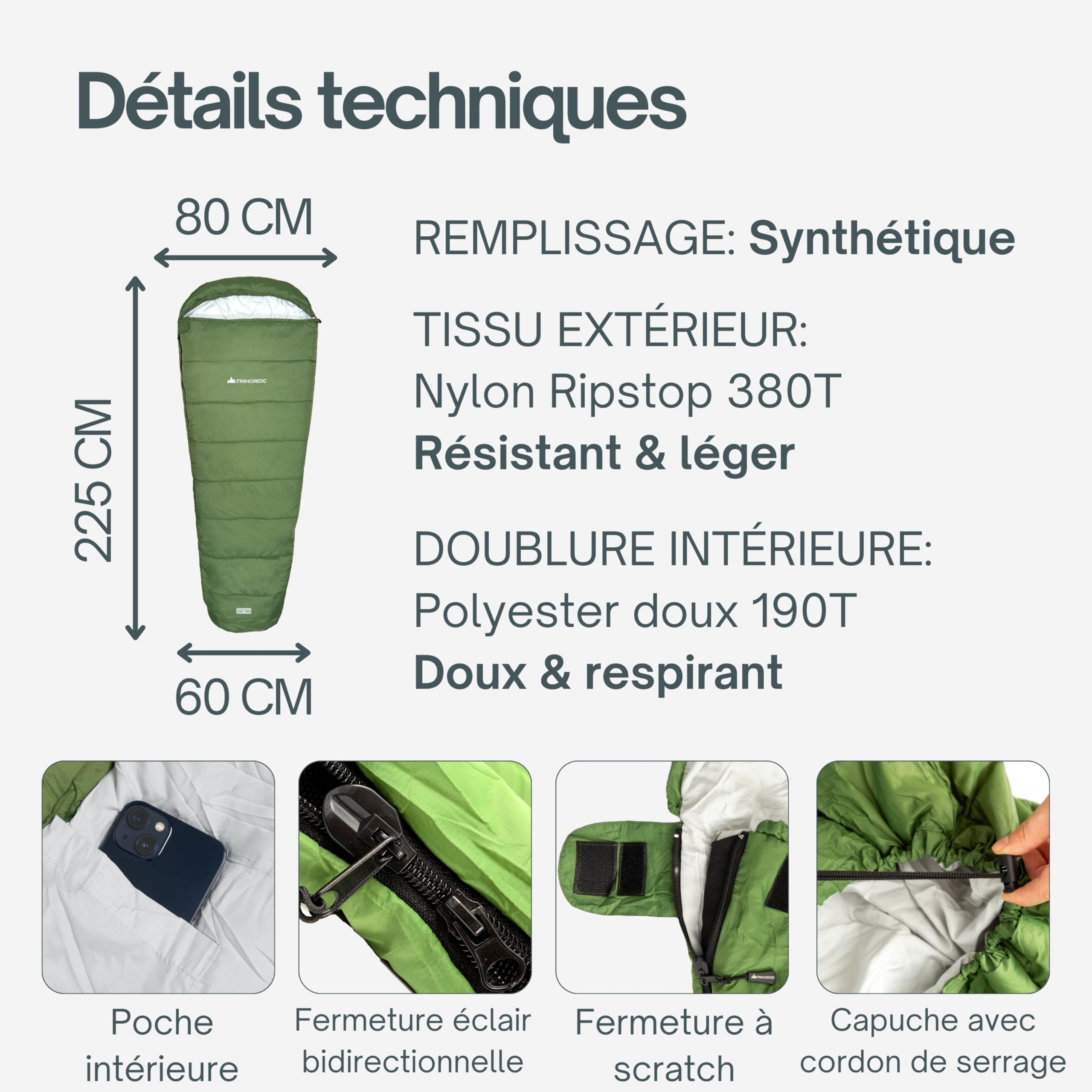 Trinordic Sac de Couchage Léger – 900g, Extra Long avec Fermeture Éclair Anti-Blocage – Sac de Couchage Adulte d'Été, Compact et Ultraléger pour la Randonnée, Les Aventures à Vélo