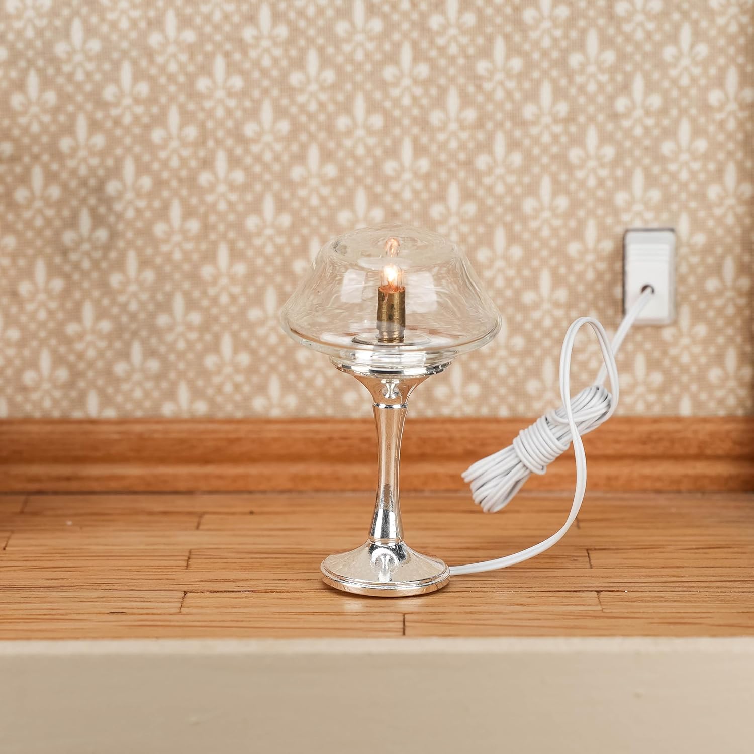 Waldosia 1:12 Scale Dollhouse Miniature 12 Volts Powered Table Lamp Set with Glass Shade (Silver)