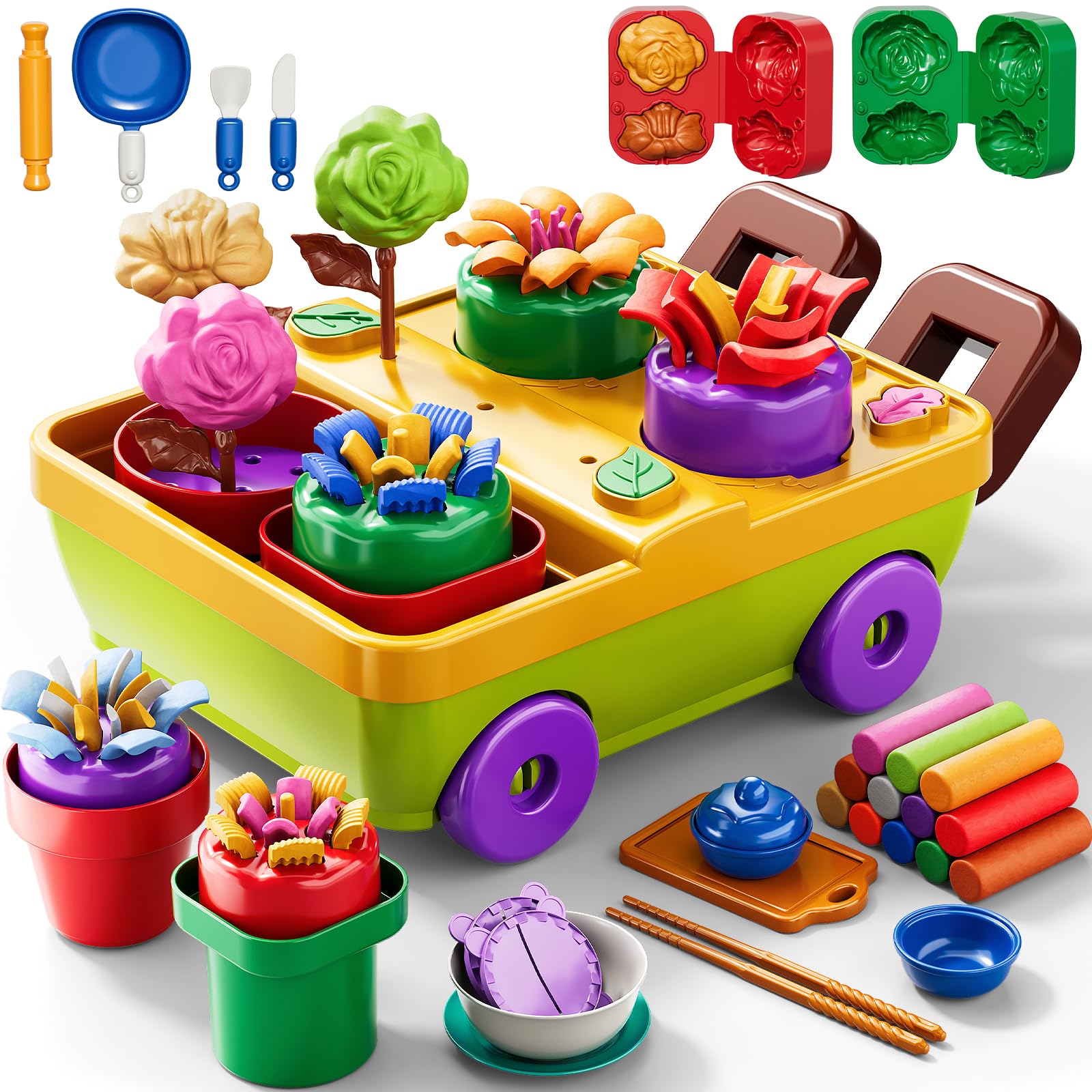 50PCS Play Clay Set Blooming Flower Garden Toy Playset for Kids 3-5, DIY Nature Kits, Pretend Kitchen Toys Accessories with Cart, Toy Dishes, Gifts for Girls Boys Toddlers Ages 3 4 5 6 7 8 9