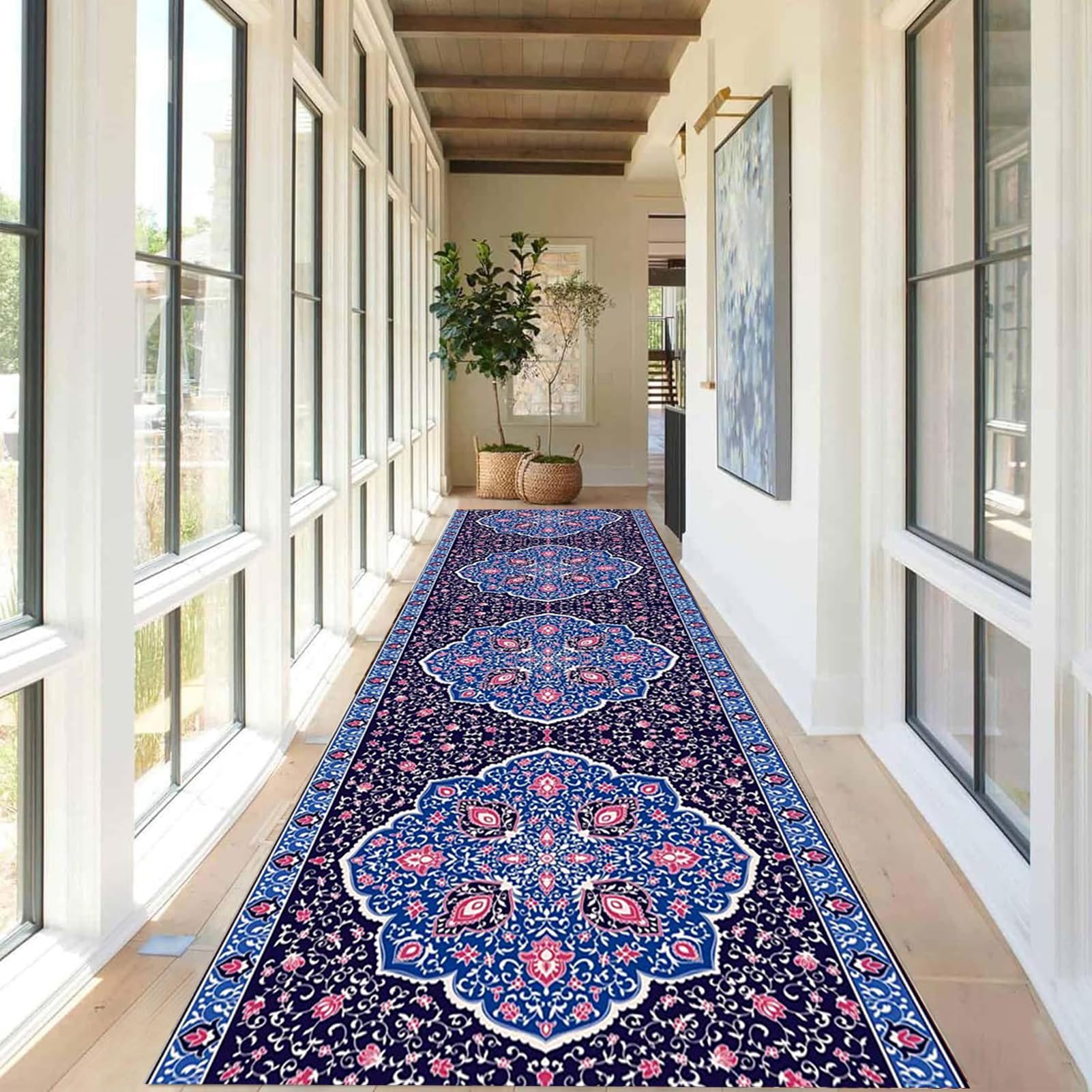 Tapis de couloir bleu 100x120 cm vintage et fin lavable
