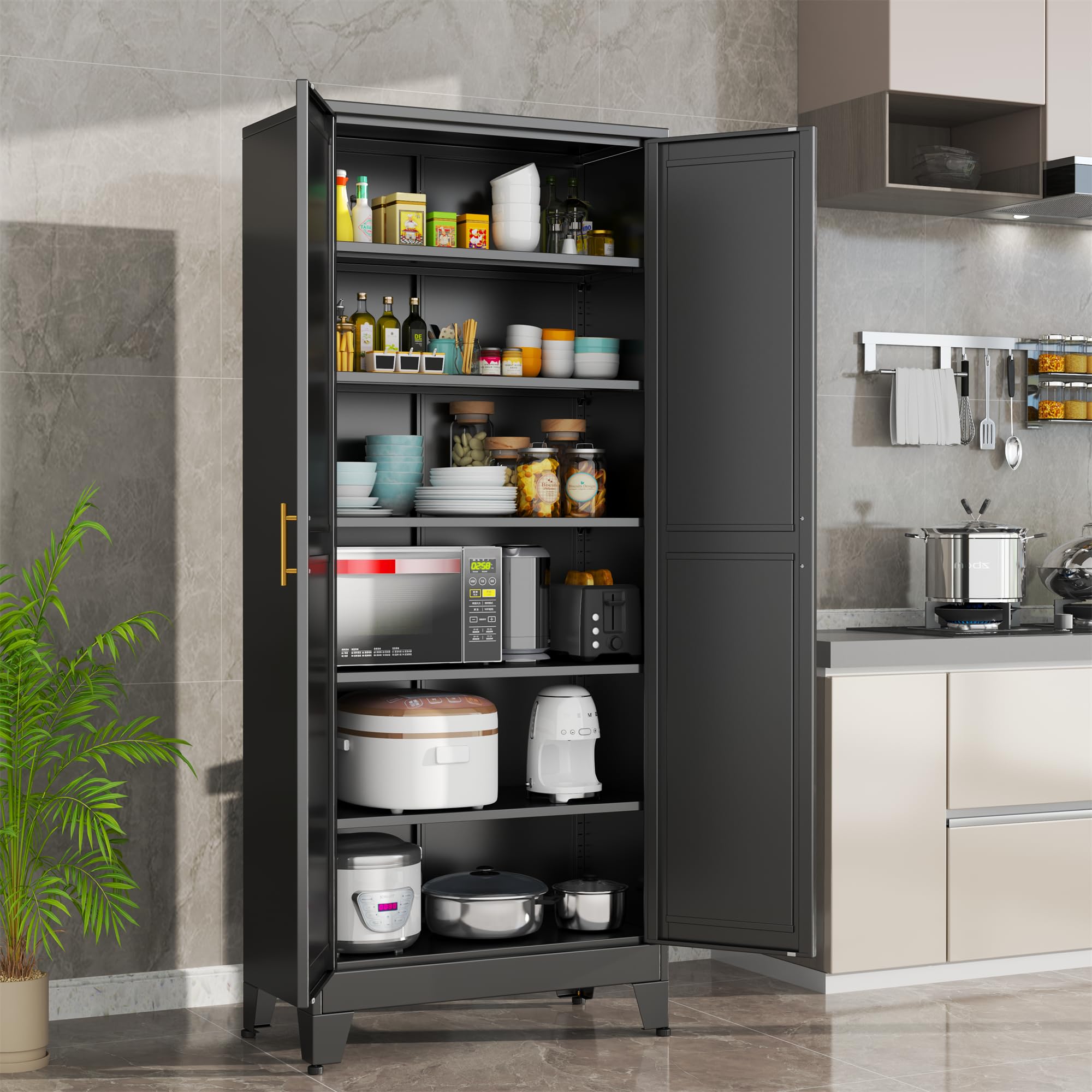 erosoei 75.2”H Metal Kitchen Pantry Storage Cabinet, Storage Cabinets with Adjustable Feet and Shelves,Food Pantries Cupboard for Kitchen, Living Room