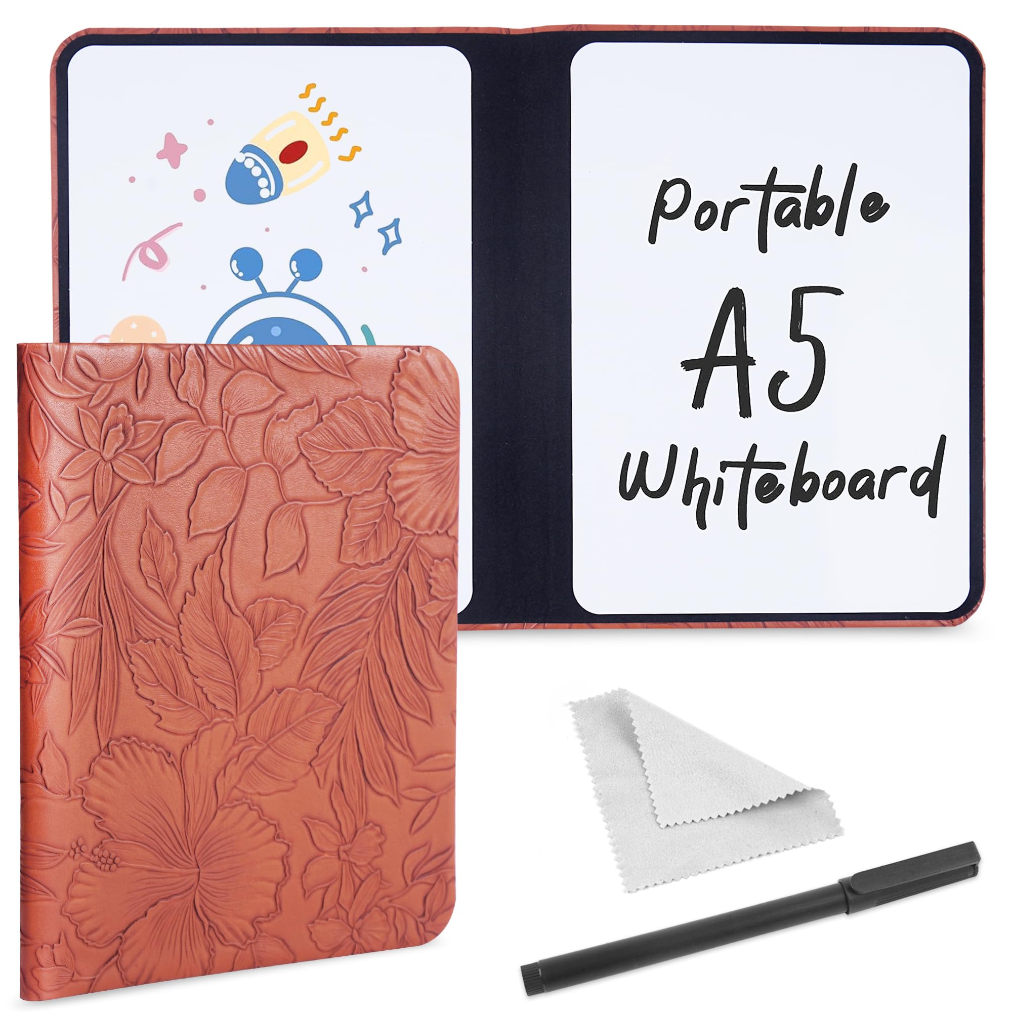 Mtzmy Portable Small White Board Dry Erase Board, Reusable 9.5 * 6.6in Notebook Memo, Office Home Supplies Desk Accessories(1-Carved Brown)