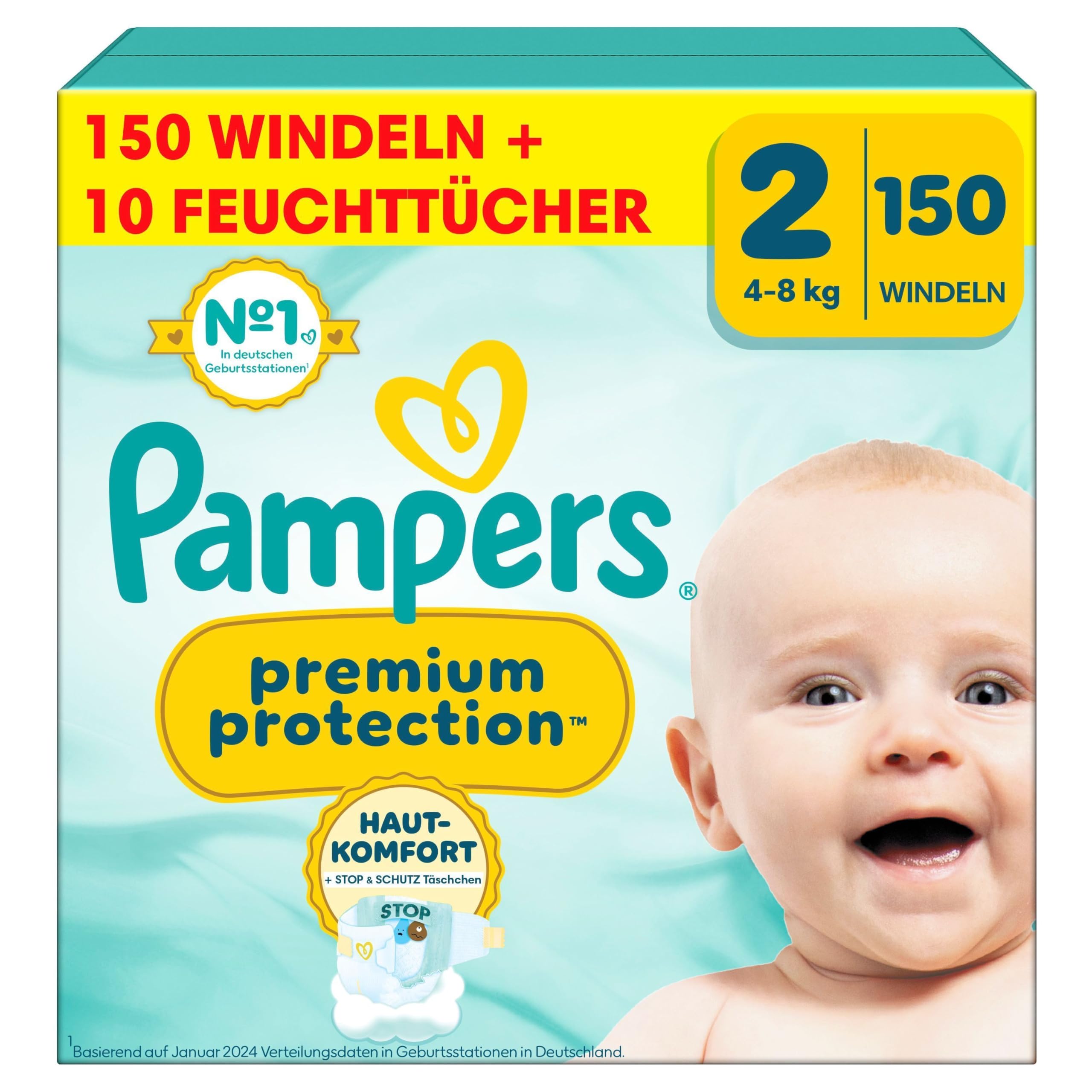 Pampers Premium Protection Größe 2 Windeln 4kg-8kg Doppelter Schutz +10 Stück Feuchttücher