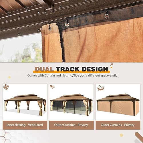 Miniatura 6 de EROMMY Cenador de techo rígido de 14 x 24 pies, toldo de acero galvanizado de doble techo, marco de aluminio para exteriores, pabellón de metal