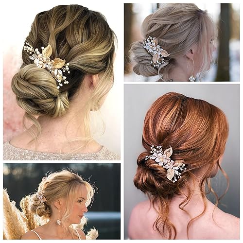 Miniatura 10 de SWEETV Pinza de pelo de novia dorada, peine de pelo floral nupcial pasador flor piezas de pelo para novias boda