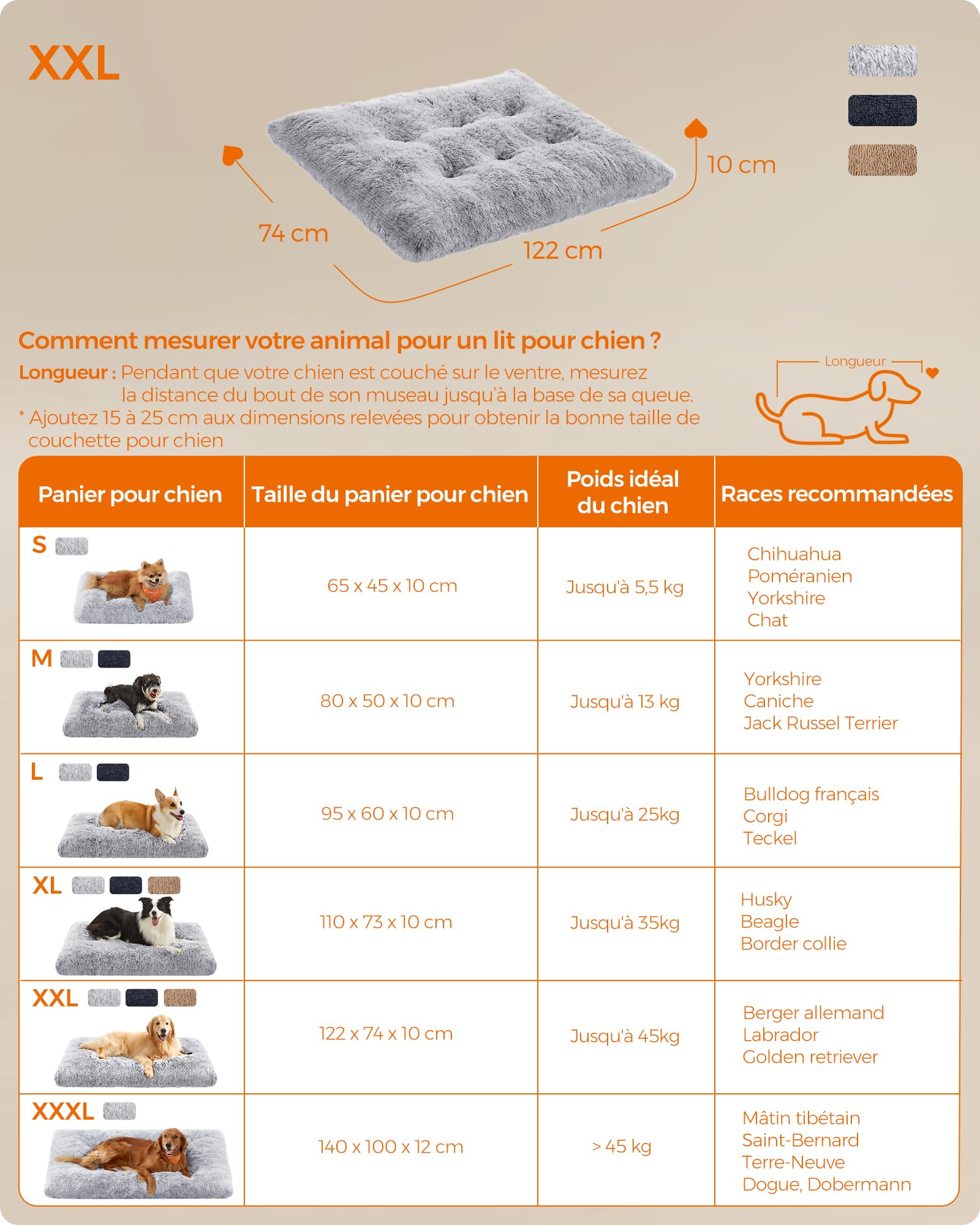 Feandrea Panier pour Chien, Canapé, Lit pour Animaux, 122 x 74 cm, Rembourrage Moelleux, Lavable, Coussin pour Chien, Gris Ombré PGW204G01