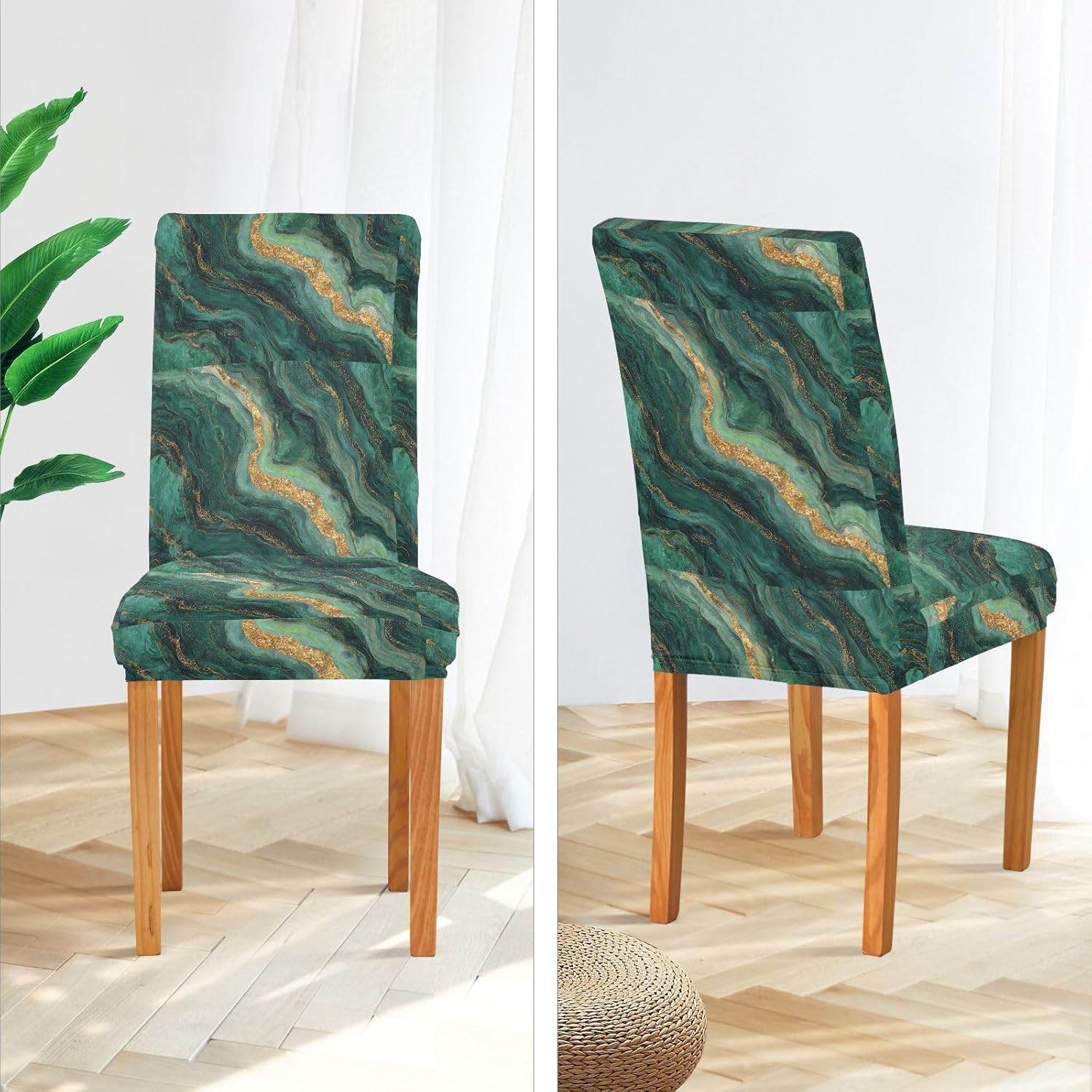 ALAZA Chair Covers for Dining Room, Drark Green Gilded Marble Pattern Stretch Chair Cover Sets Chair Protector Removable Washable for Ktichen Restaurant Hotel