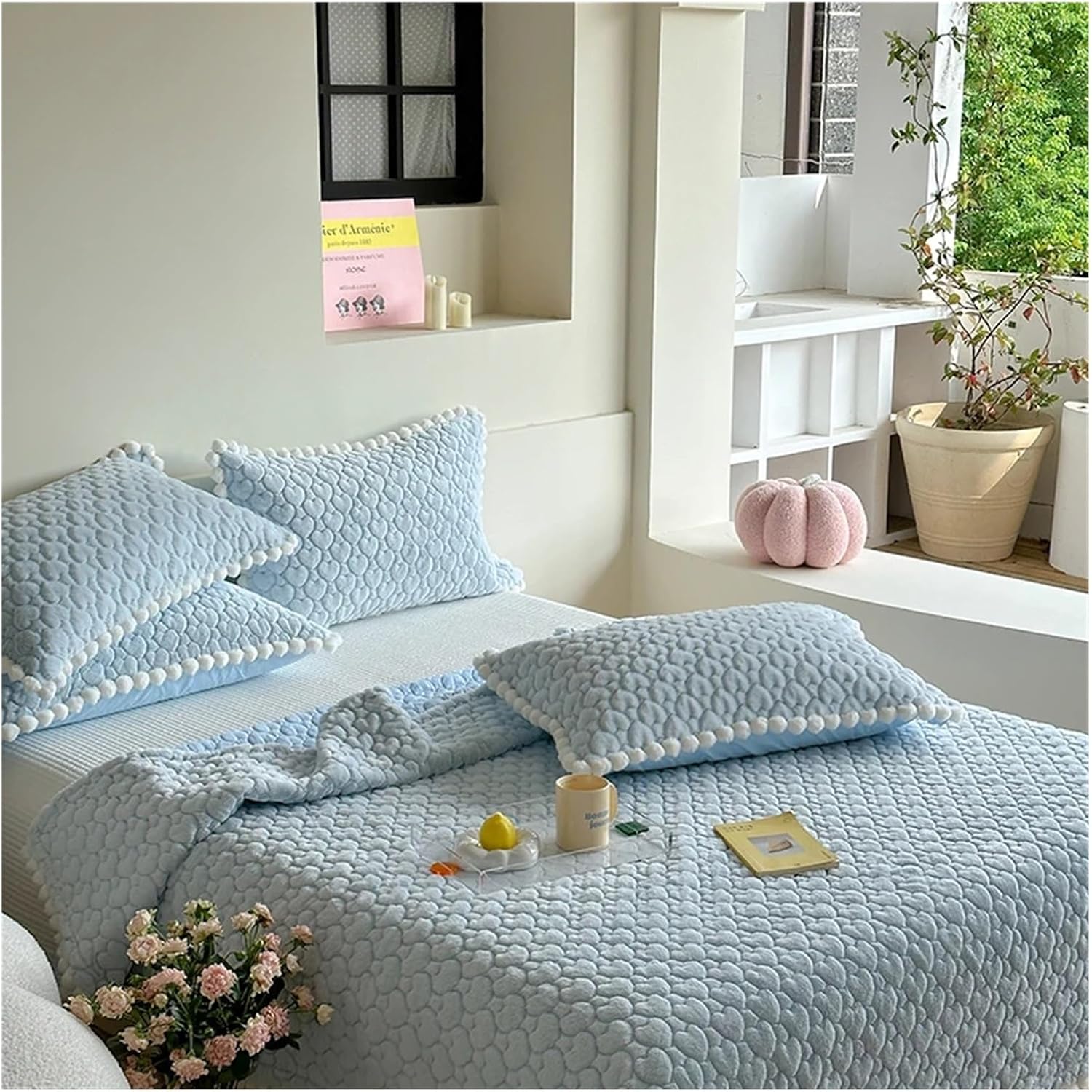 Bed, Bedspread on The Bed Cover Cotton Mattress Topper Bedspreads & coverlets Plush Blanket Bed Sheets Set Couple Bed Quilt, 3pcs 225cmx245cm, Blue, MM-102